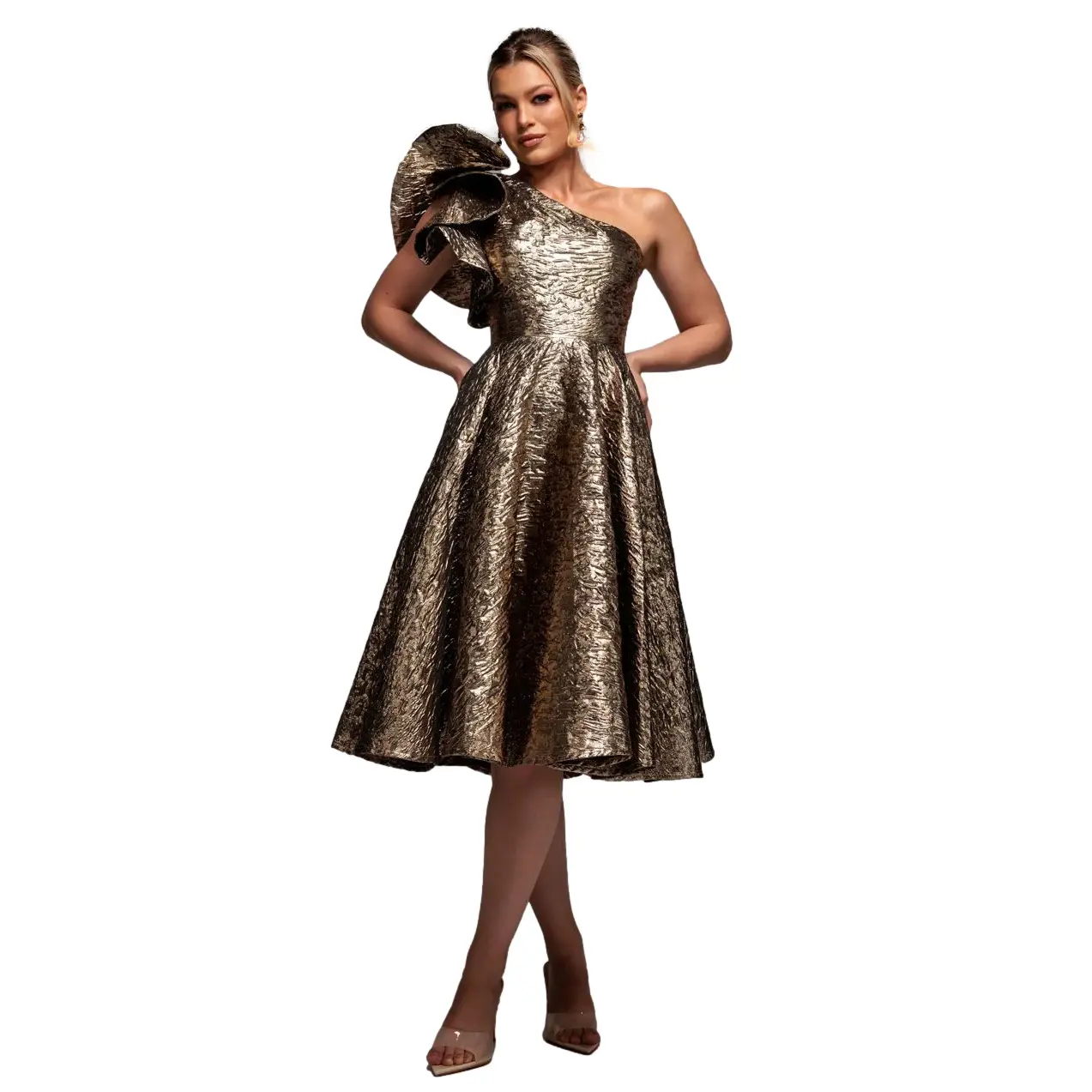 Robe moulante patineuse midi asymmetrica in jacquard donna