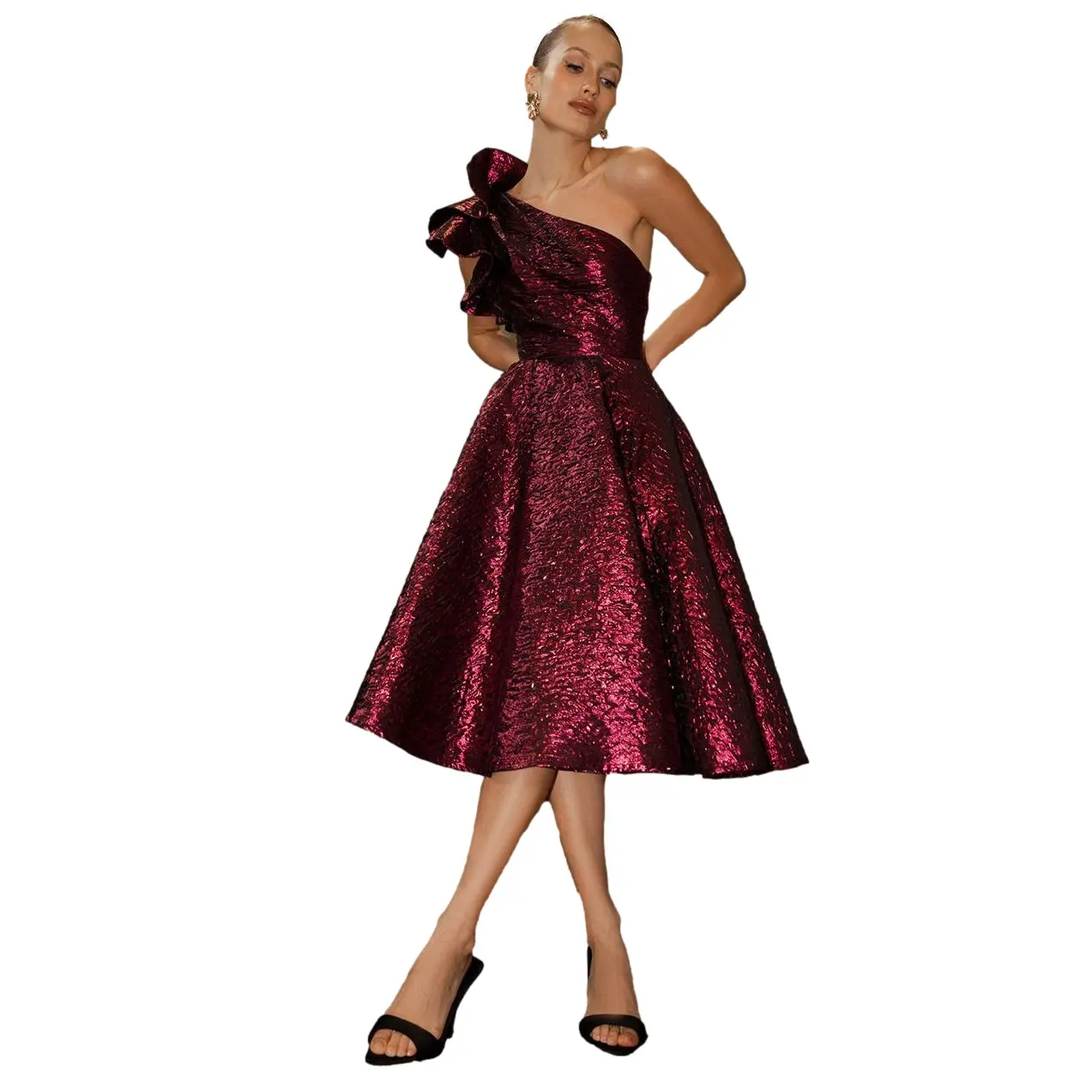 Asymmetrical Midi Skater Dress in Jacquard Women Goddiva