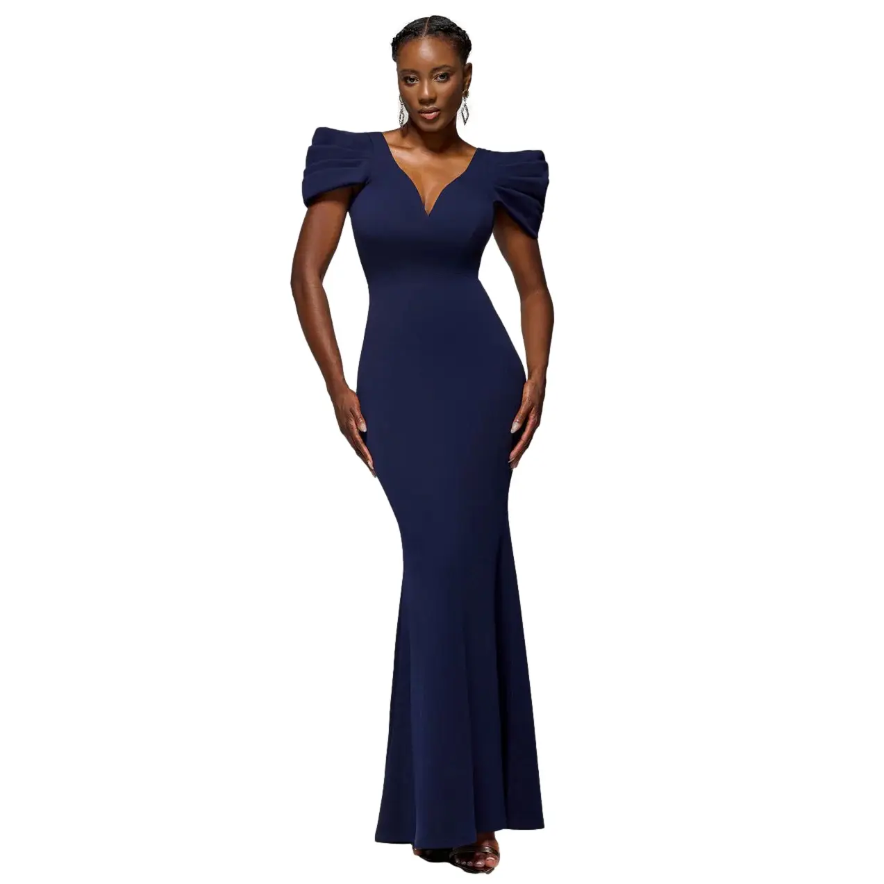 Long Scuba Bodycon Dress with Plunging Neckline and Pleated Sleeves Women Goddiva