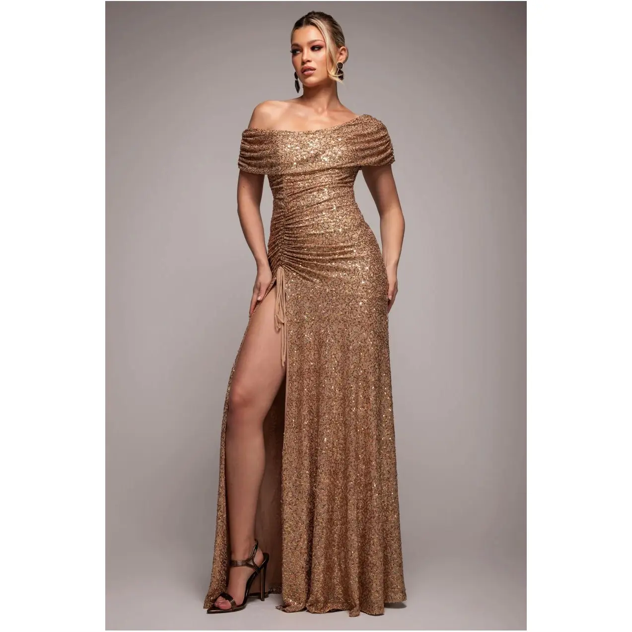 Image of Langes Kleid mit schulterfreiem Design und Kordelzug für Damen Goddiva