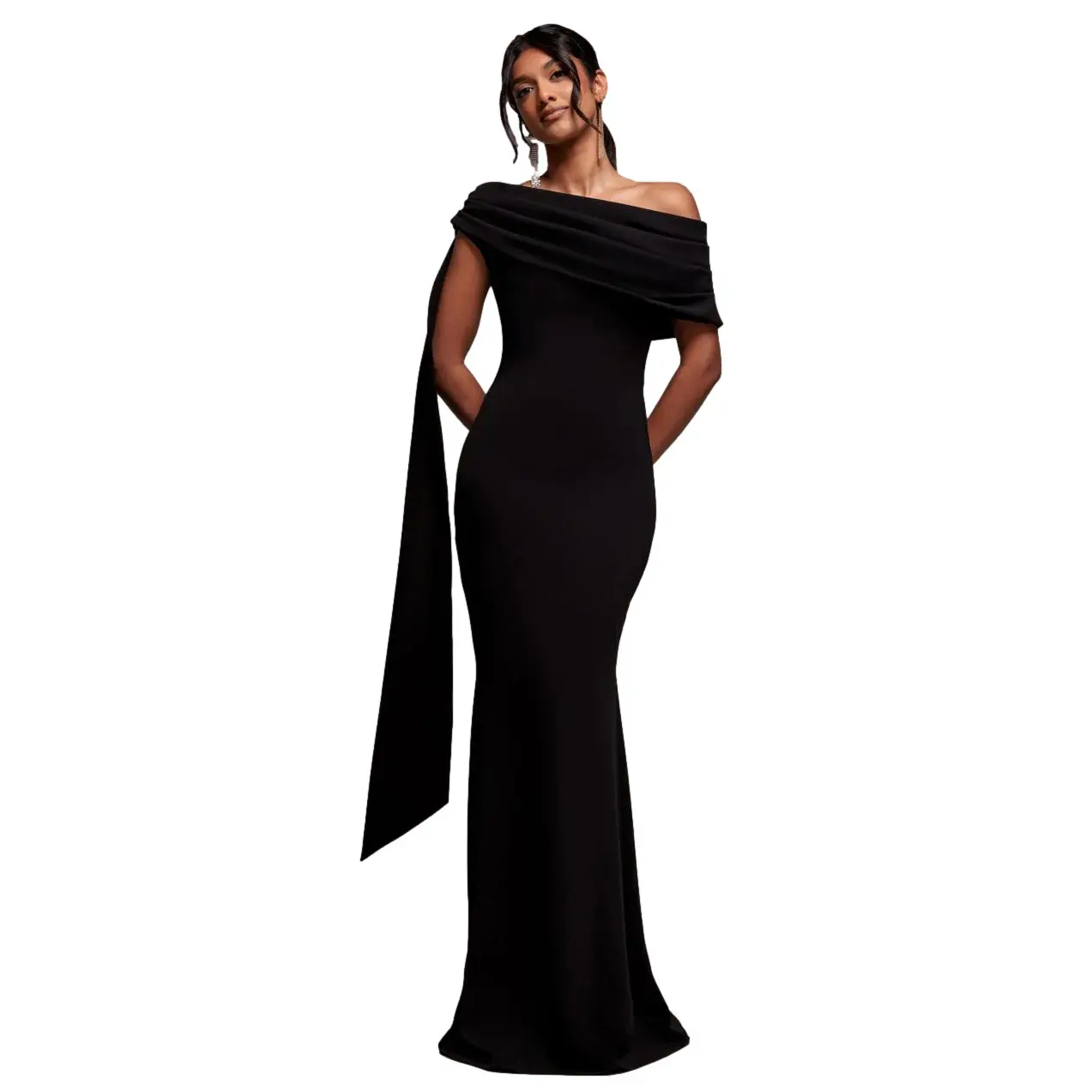 Robe moulante lunga Bardot asimmetrica con cintura donna