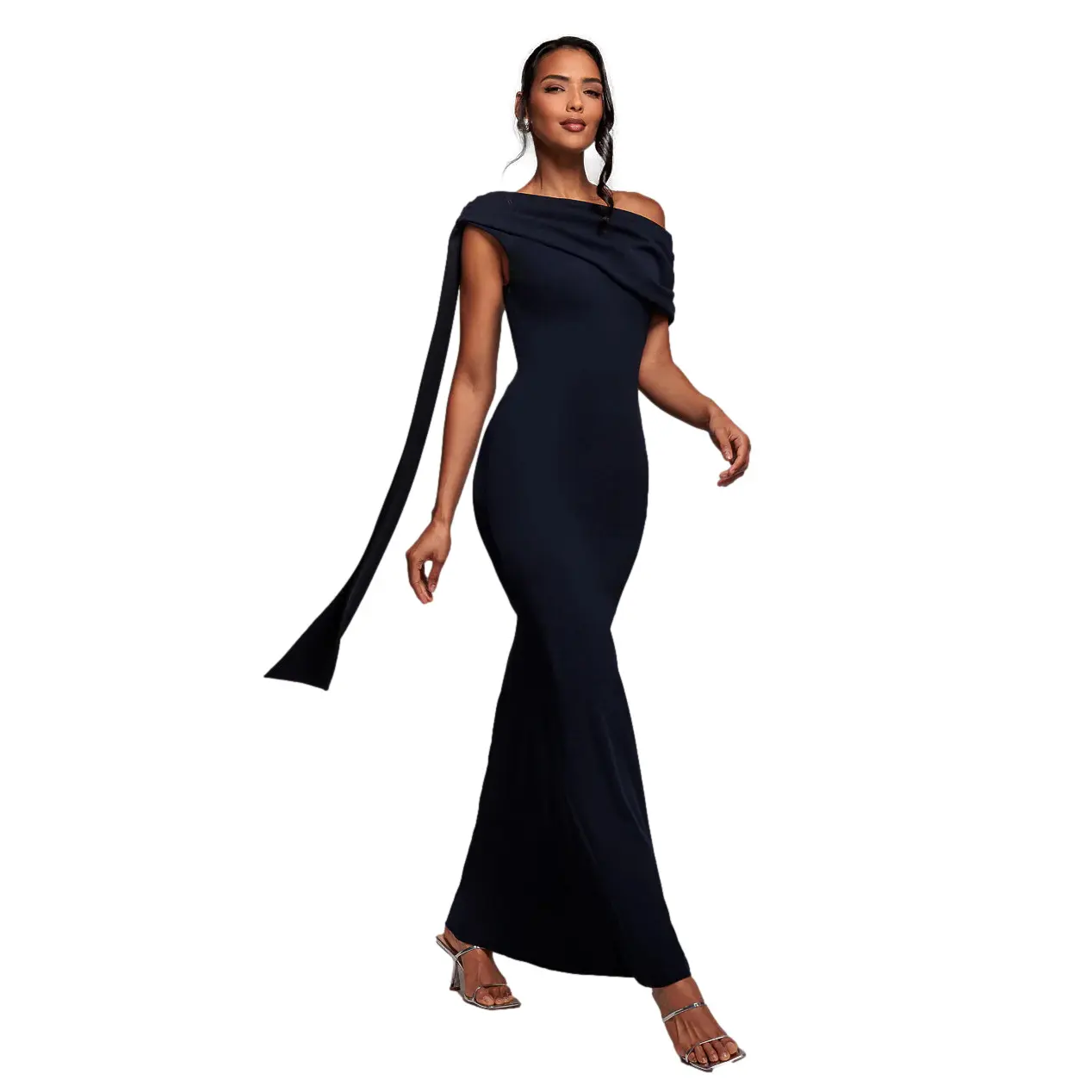 Asymmetrical Long Fitted Bardot Dress with Belt Women Goddiva