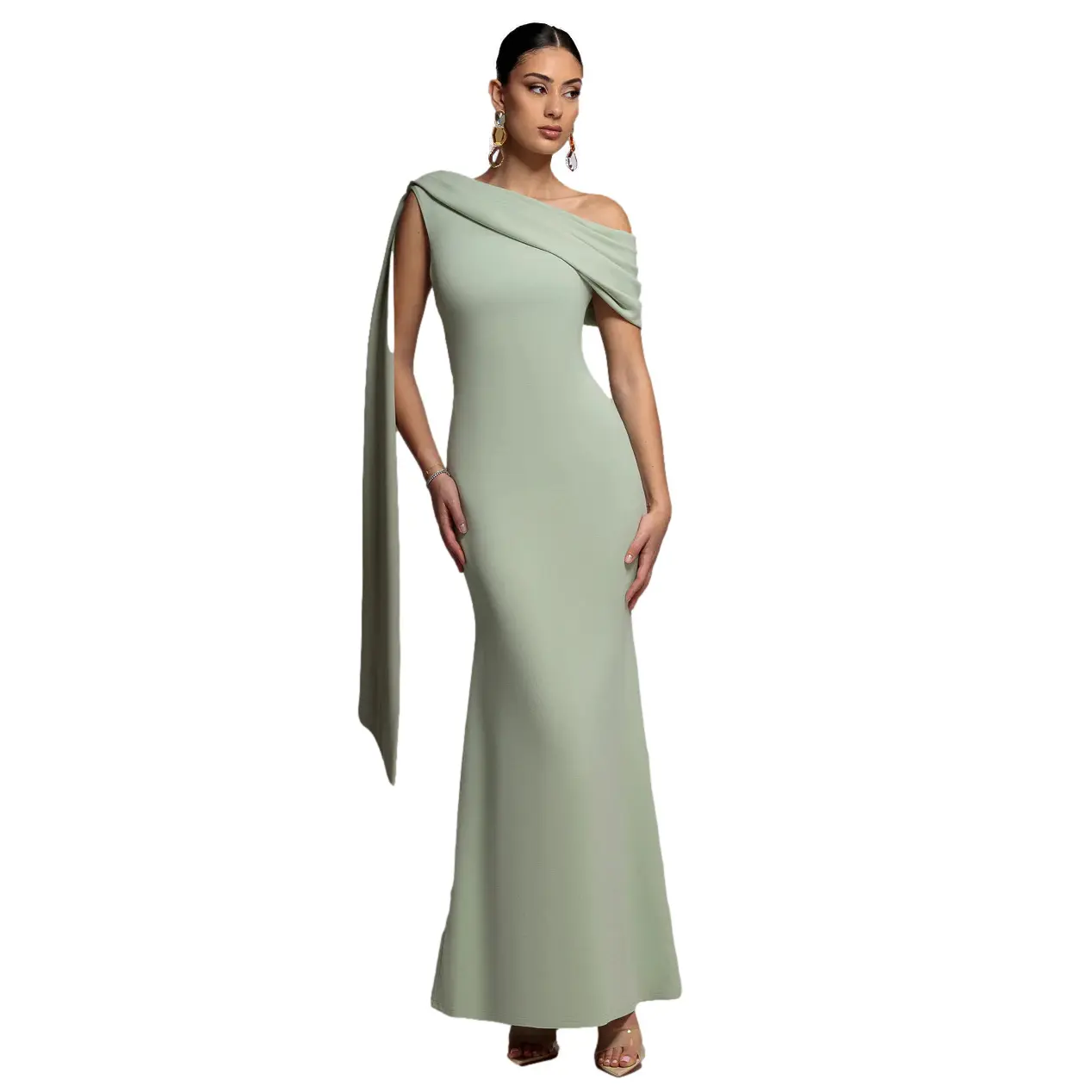 Goddiva Women's Vert Asymmetrical Bardot Collar Dress Maxi
