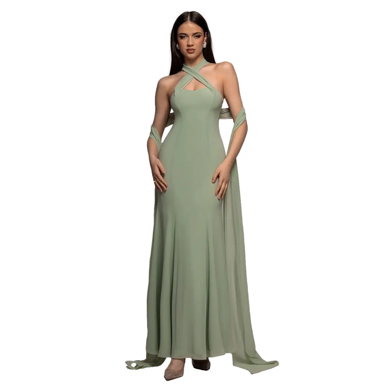 Image of Schulterfreie Chiffonrobe Damen Goddiva Maxi