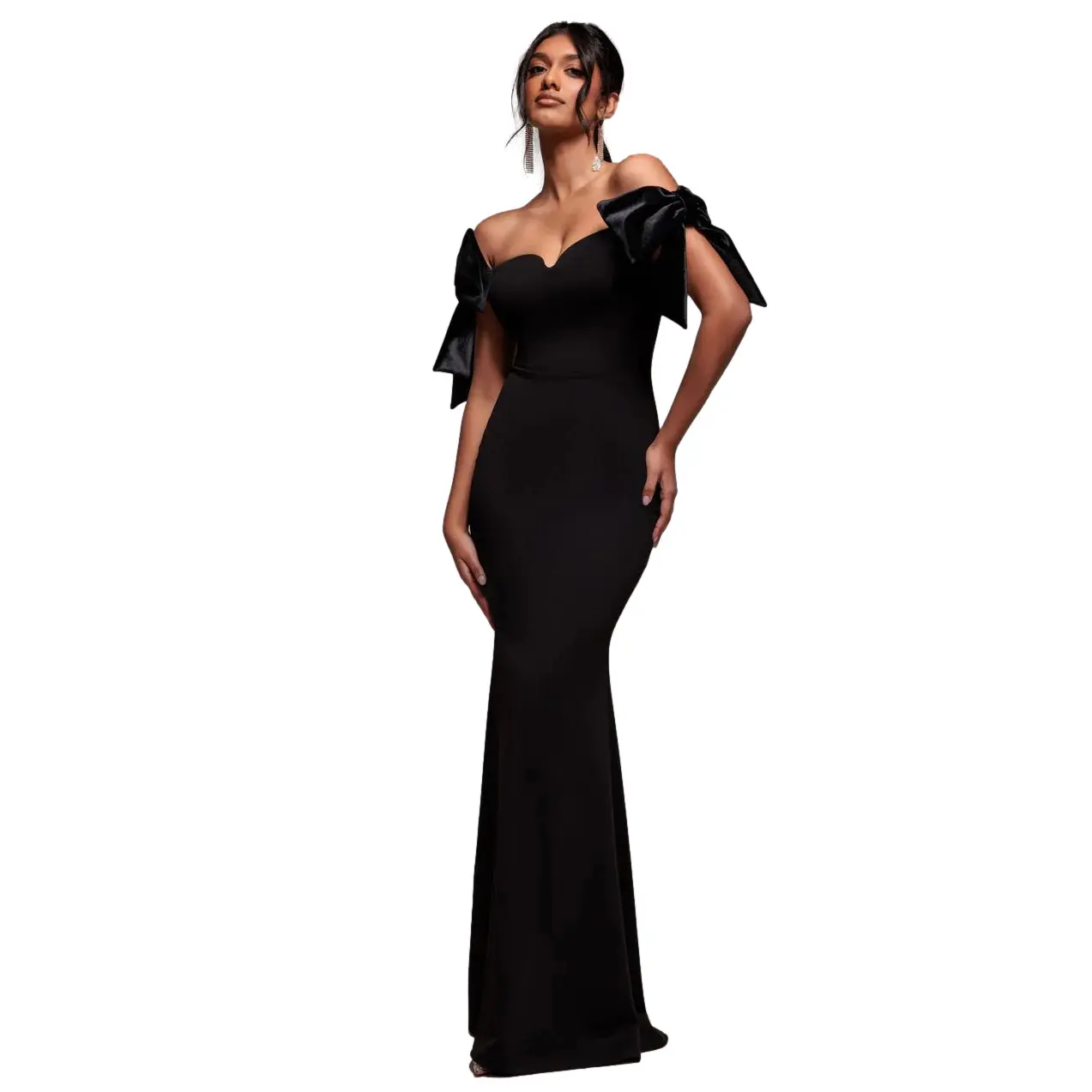 Off-the-shoulder Velvet Dress with Bow Women Goddiva Scuba