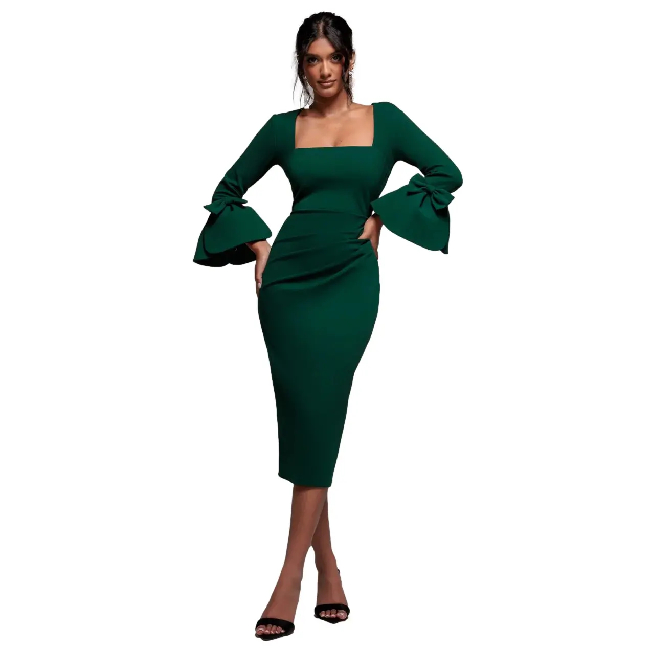 Robe moulante midi con volantini e maniche a fiocco donna