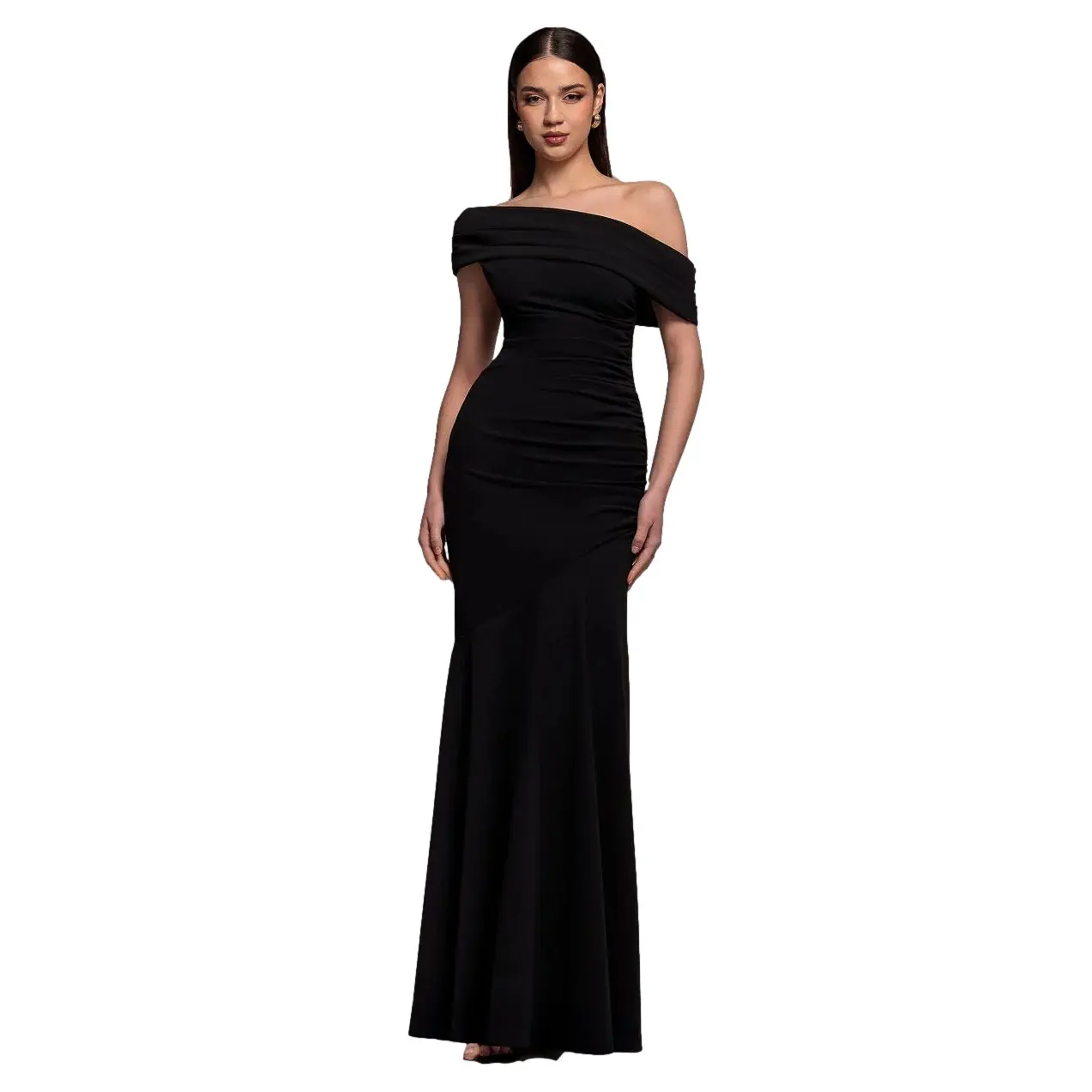 Image of Asymmetrisch plissiertes Maxikleid mit tailliertem und ausgestellt Bardot-Ausschnitt für Frauen Goddiva