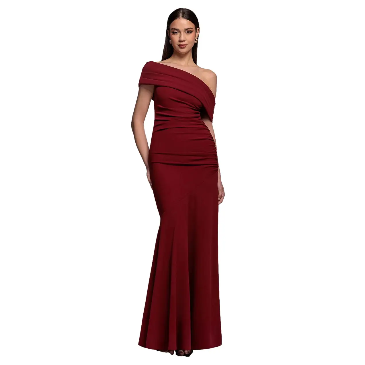 Goddiva Women's Rouge Asymmetrical Pleated Maxi Bodycon Dress With Bardot Shoulder