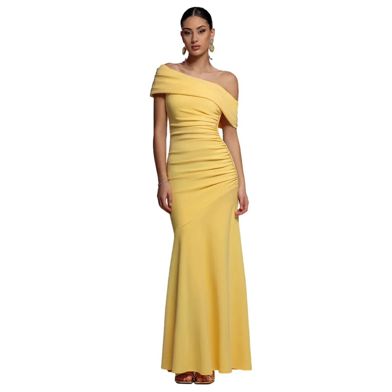 Image of Asymmetrisches plissiertes Bardot-Kleid Damen Goddiva Maxi