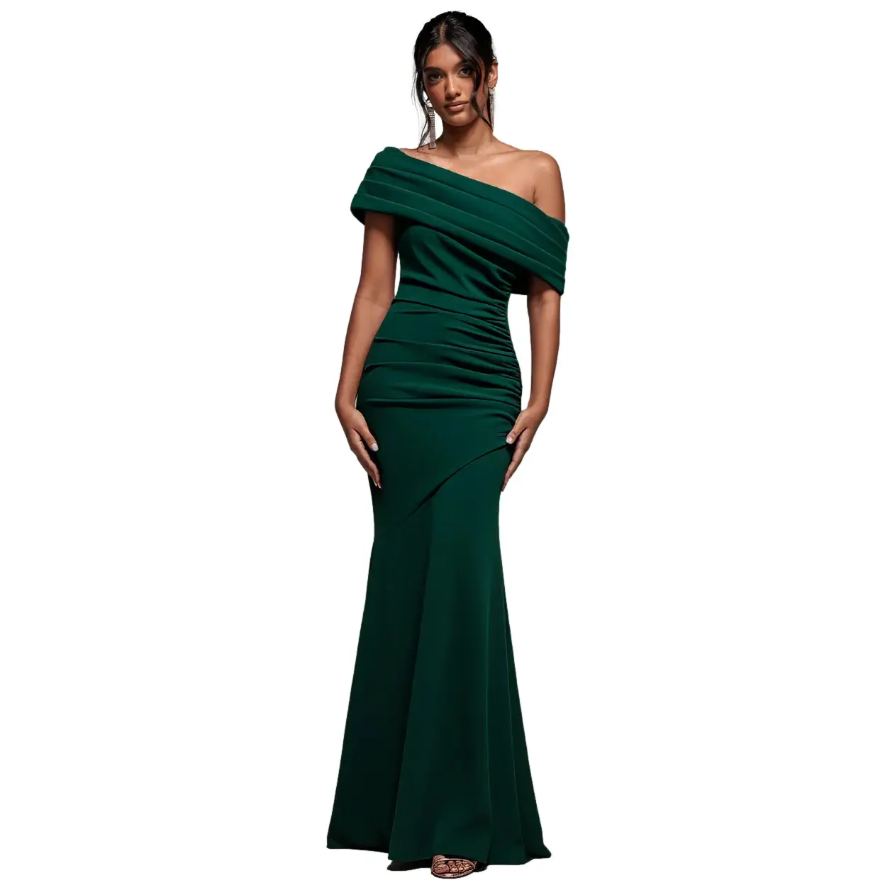 Goddiva Women's Vert Asymmetrical Pleated Maxi Bodycon Dress With Bardot Shoulder