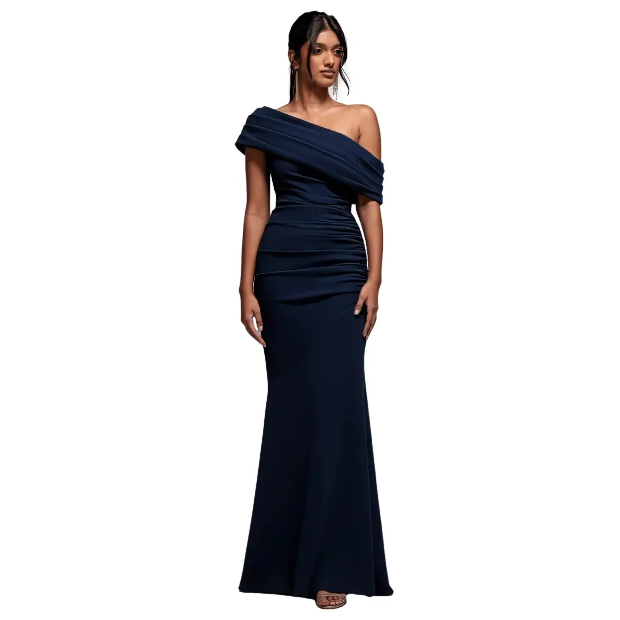 Goddiva Women's Bleu Asymmetrical Pleated Maxi Bodycon Dress With Bardot Shoulder