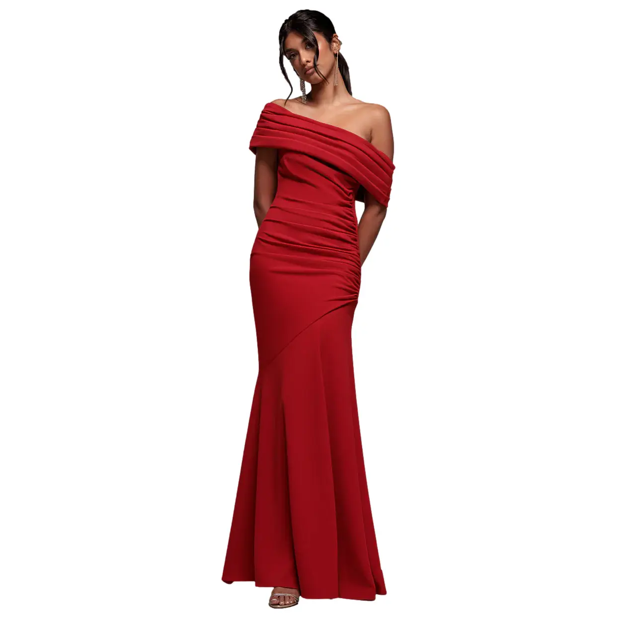 Robe moulante maxi plissée asymétrique à épaule Bardot cintrée et évasée donna