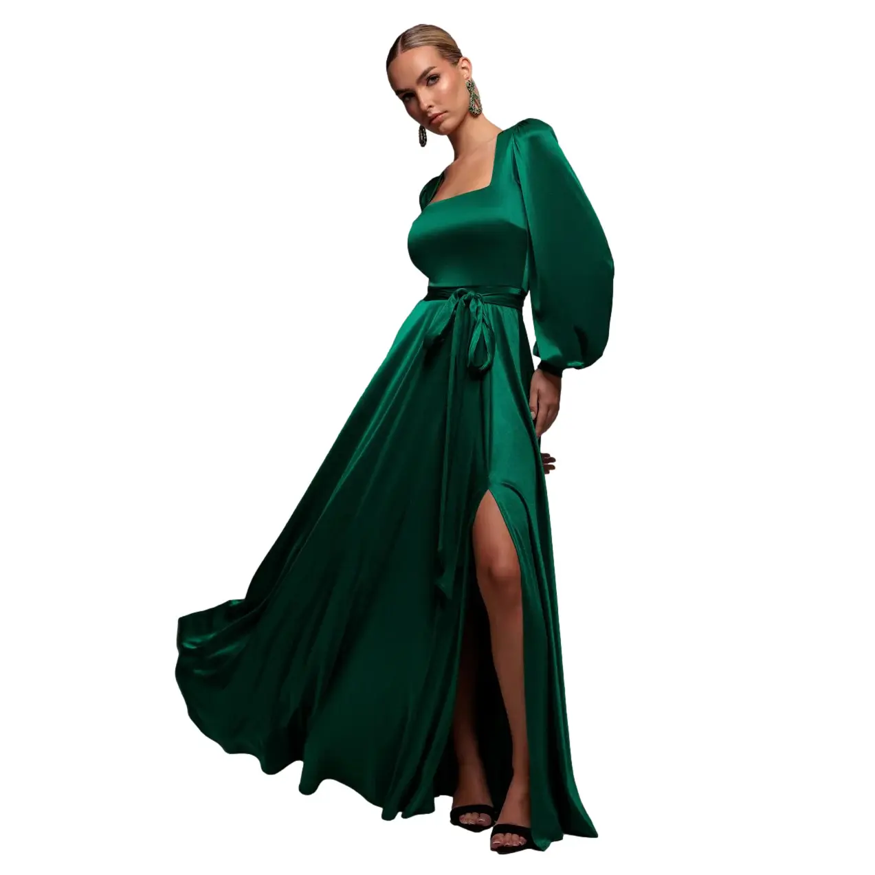 Image of Langarm-Satin-Kleid mit quadratischem Ausschnitt und Puffärmeln für Damen Goddiva