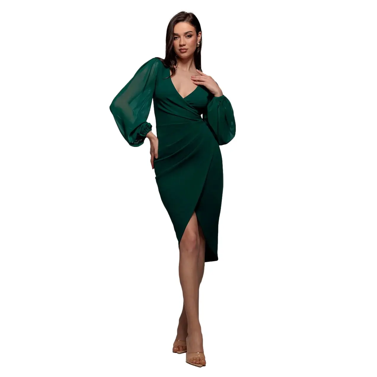 Ballonärmel Wickelkleid Damen Goddiva Midi