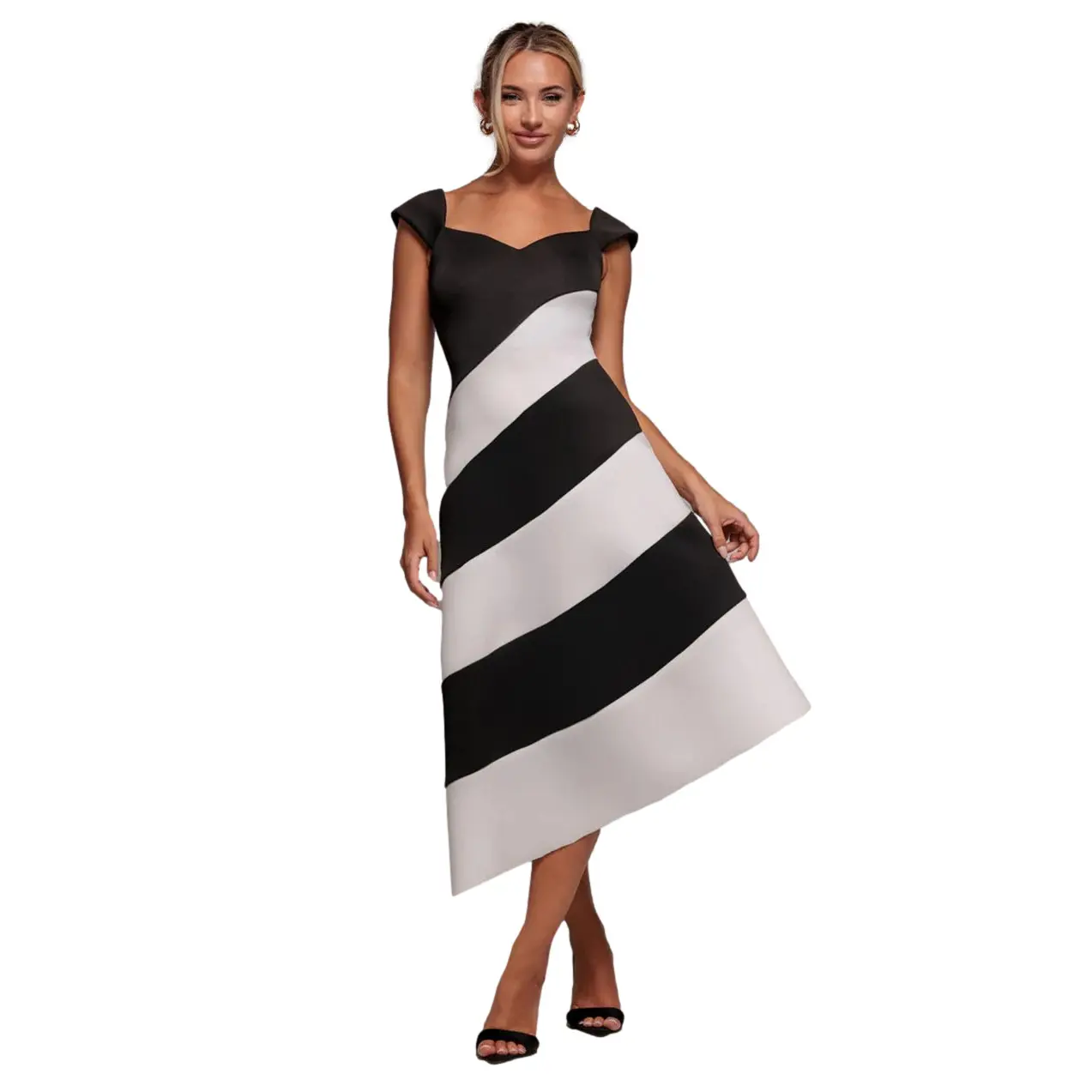 Asymmetrisches Kleid mit kontrastierenden Streifen Damen Goddiva Midi