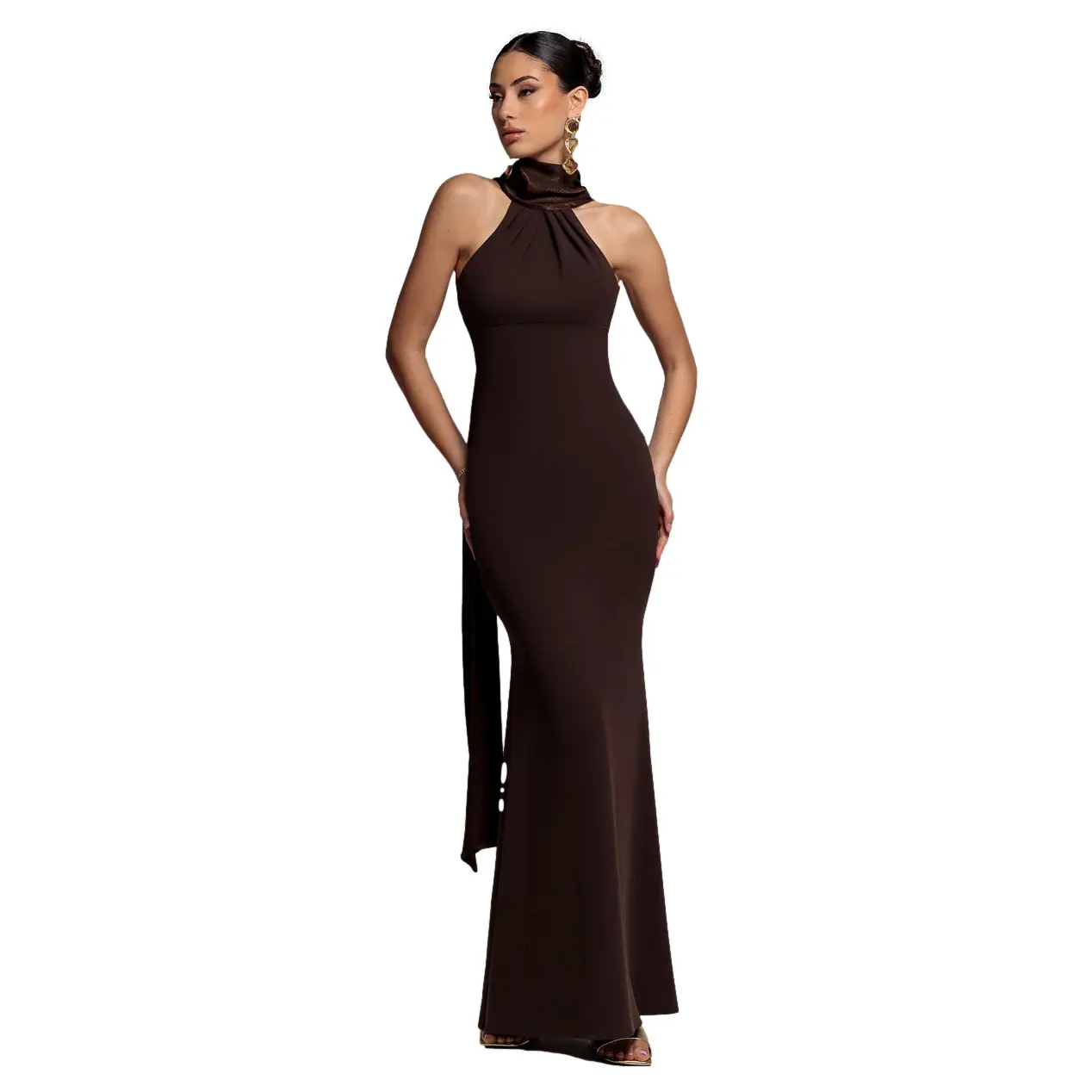 Image of Satin Scuba und Samt Rückenfreies Kleid Damen Goddiva Maxi