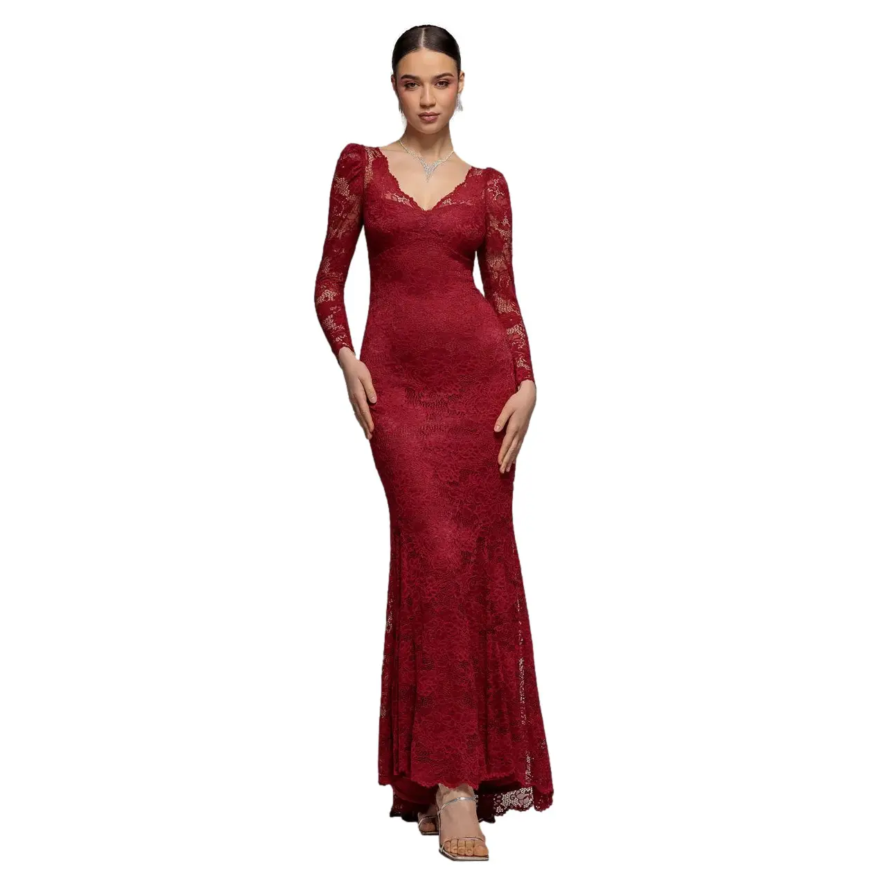 Image of Spitzenbesetztes V-Ausschnittkleid Damen Goddiva Maxi
