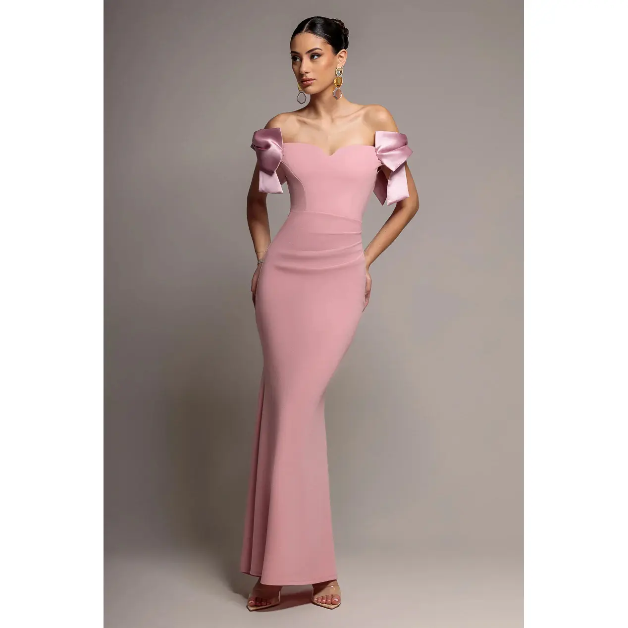 Satin Kleid mit Bardot-Ausschnitt Damen Goddiva Maxi