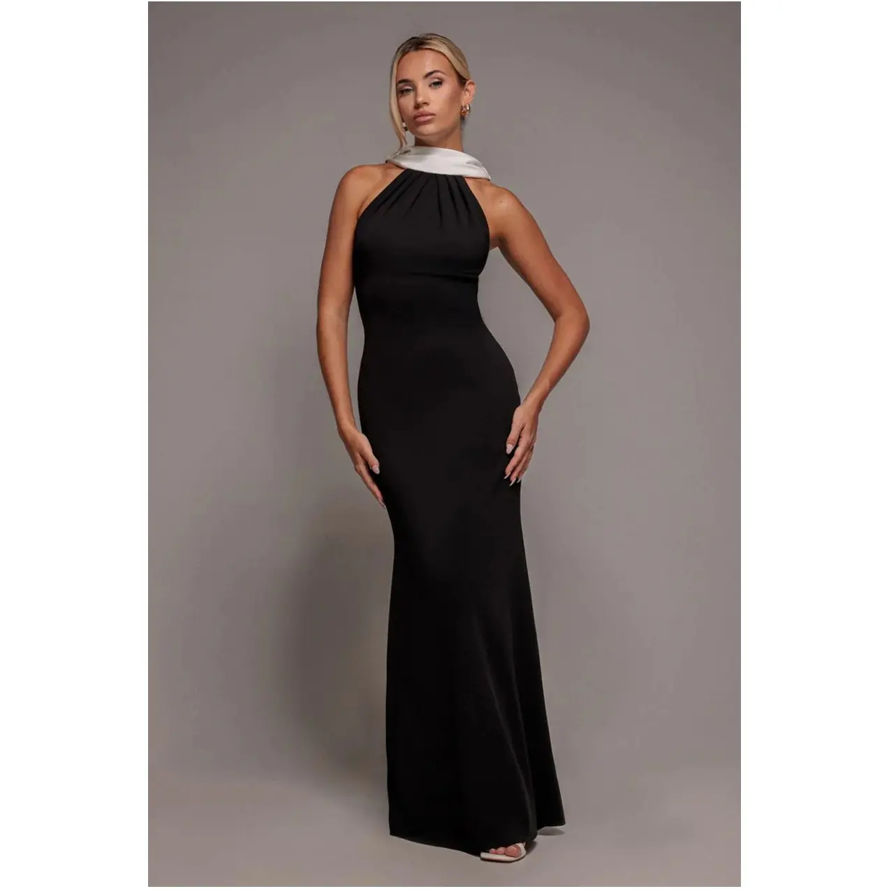Contrast Crepe Halter Dress with Belt Women Goddiva
