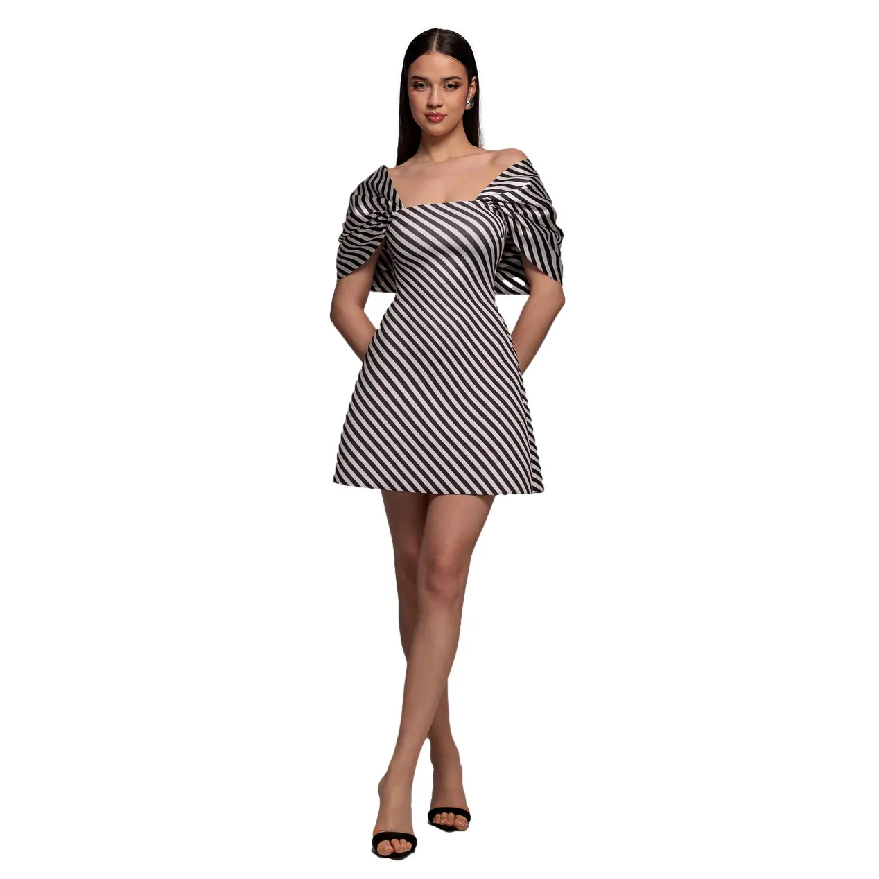 Image of Kurzärmliges Figurbetontes Streifen Kleid mit schulterfreiem Design und Schleife aus Satin für Damen Goddiva