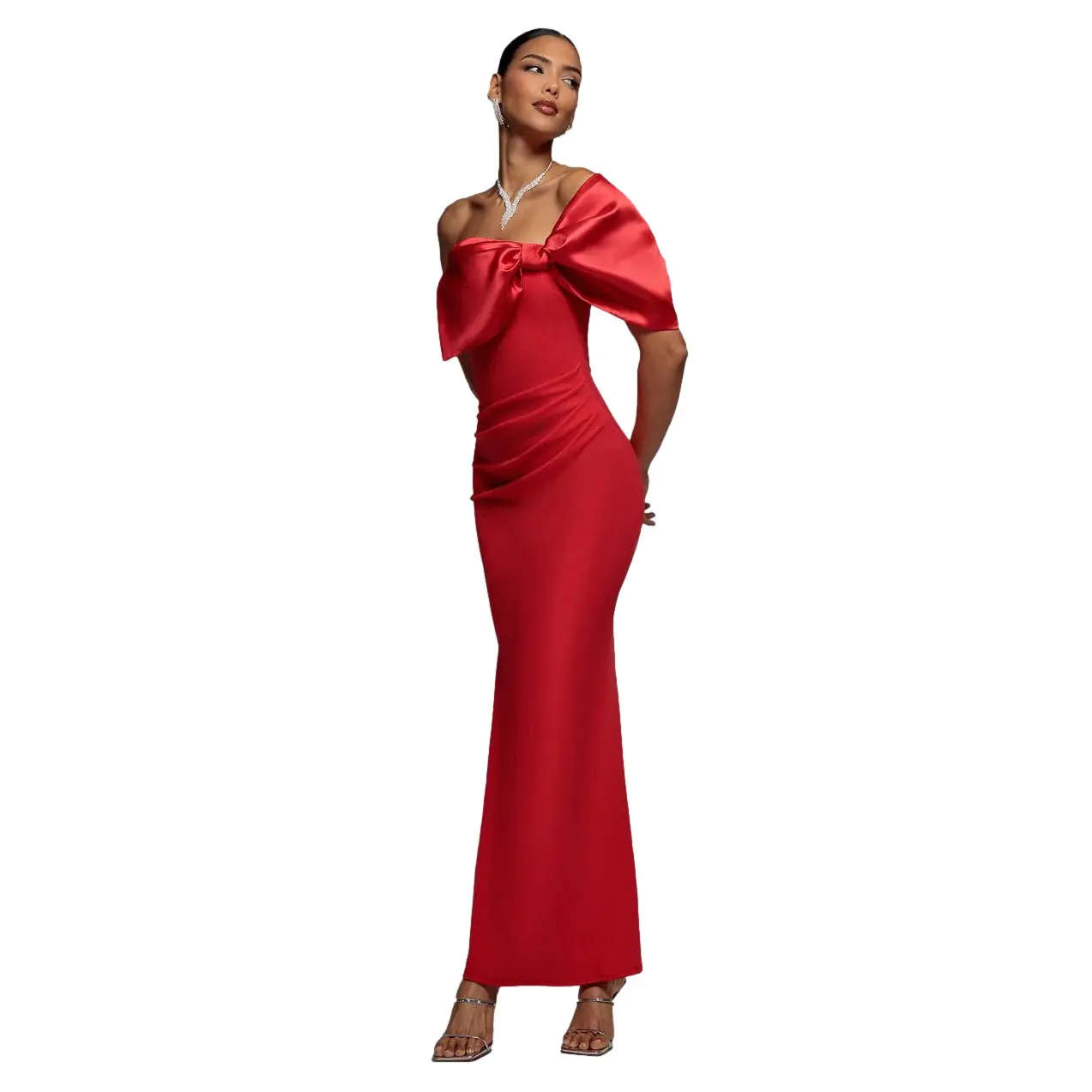 Goddiva Women's Rouge Satin Off-The-Shoulder Bodycon Dress Maxi