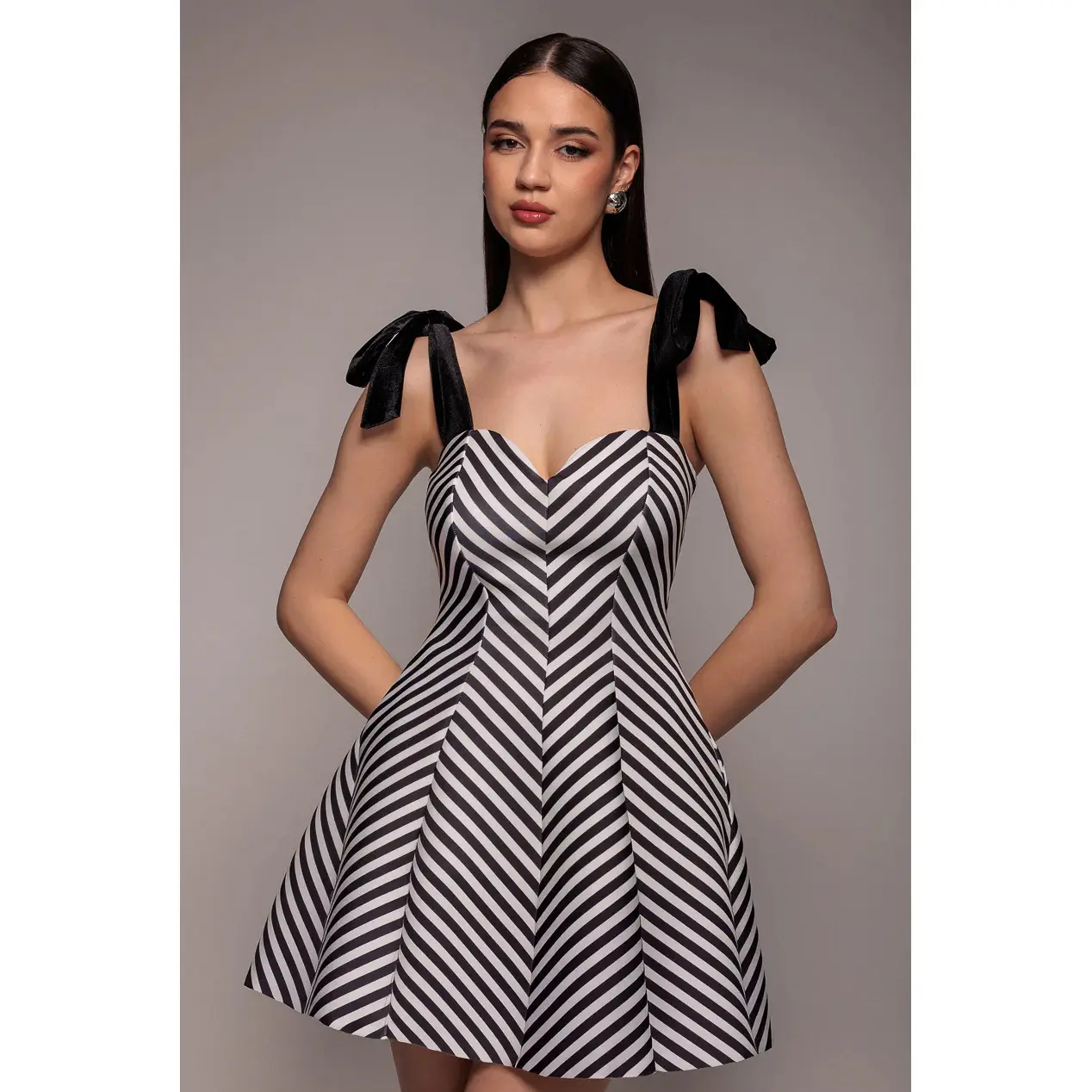 Image of Mini Streifen Kleid Damen Goddiva Bow A Line