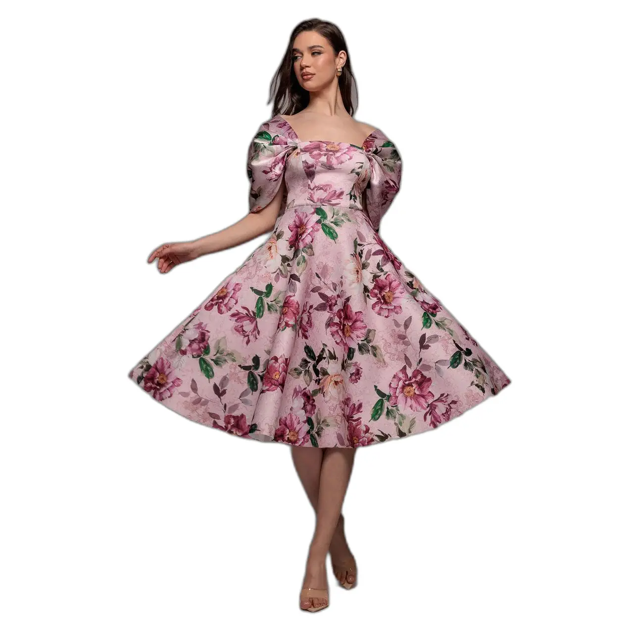 Image of Schulterfreies Trapezkleid mit Blumen-Schleife am Rücken Damen Goddiva Midi