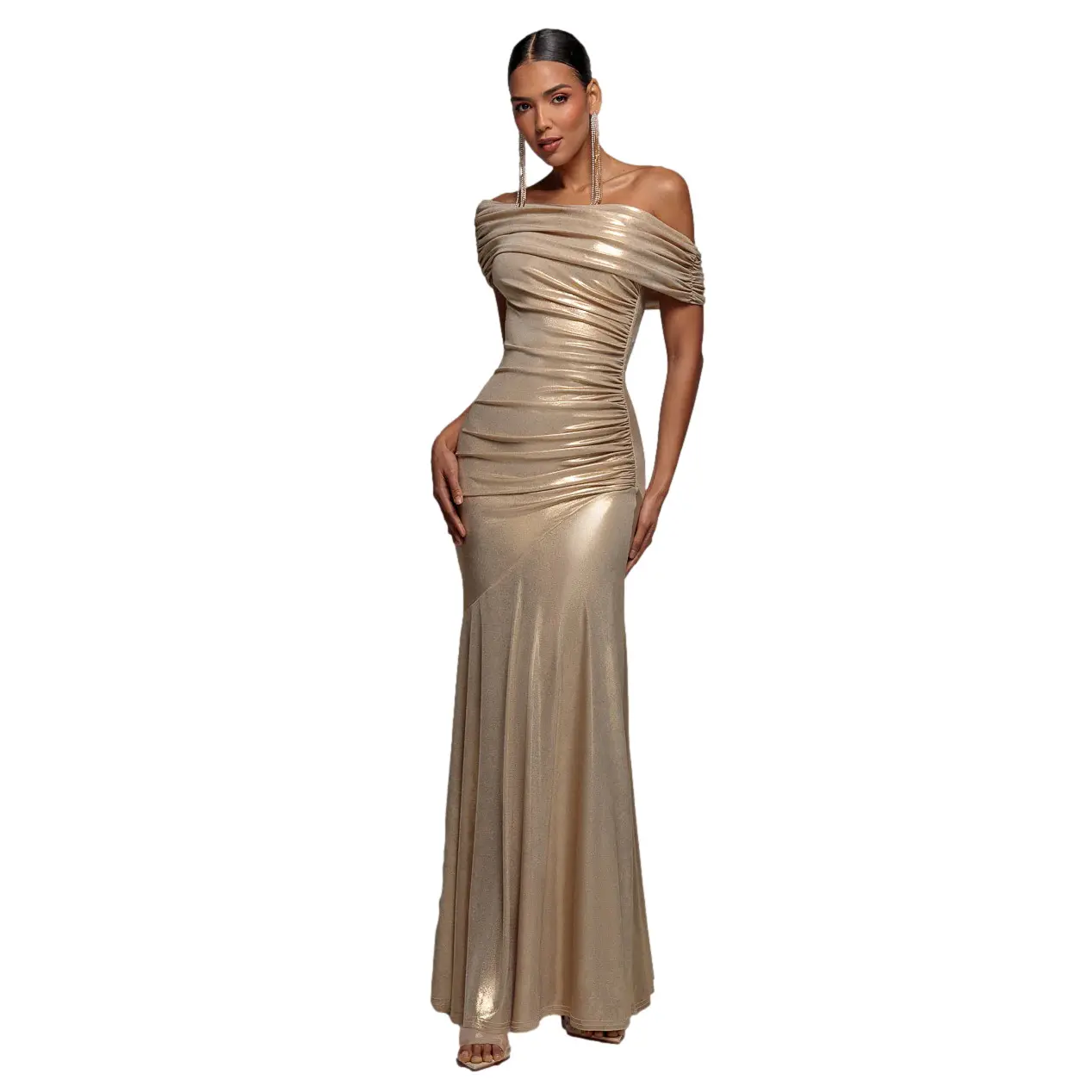 Goddiva Women's Doré Asymmetrical Bardot Collar Dress Maxi