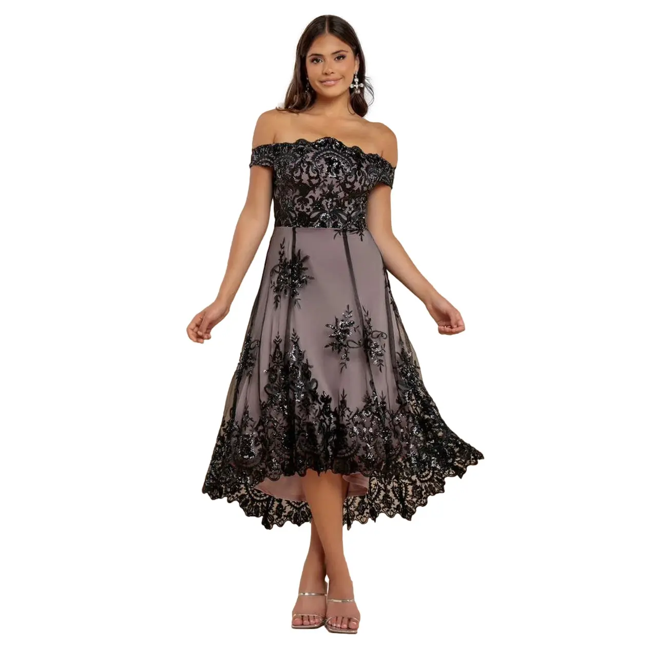 5056604708328 - Pailletten- und Spitzenkleid für Frauen Bardot Midi