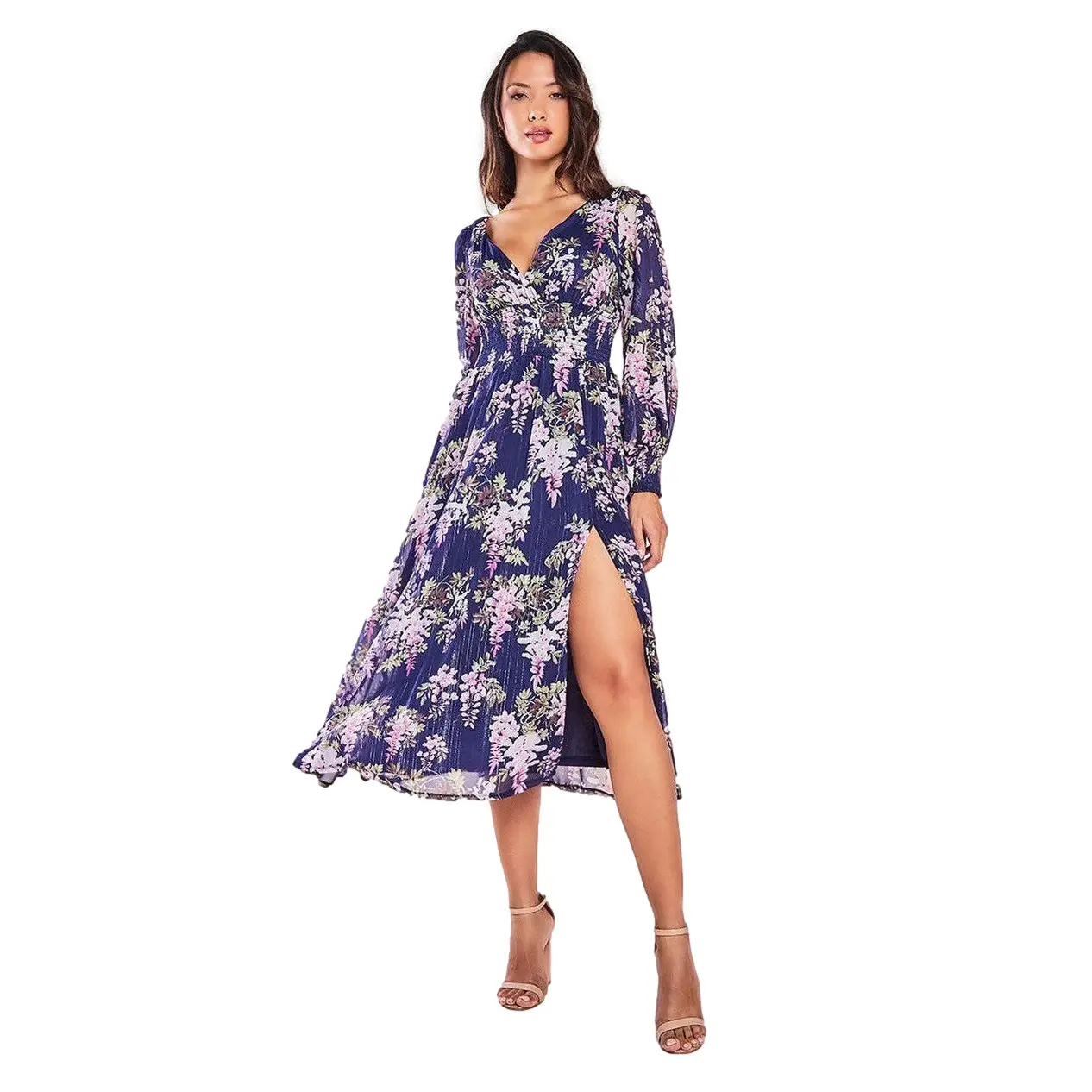 Vestito donna a maniche lunghe  Printed Lurex Chiffon Midi