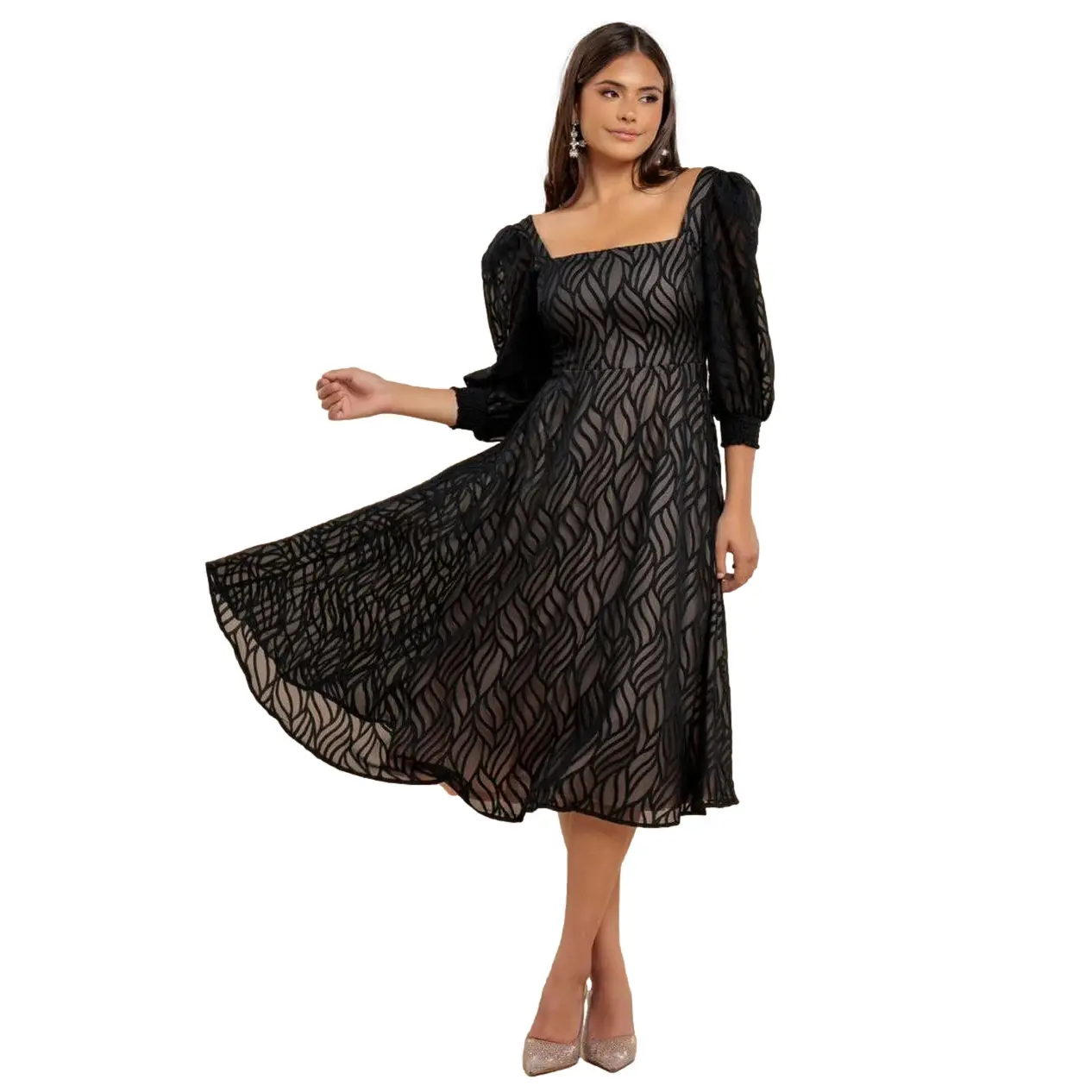 5056120258864 - Damen Chiffonkleid mit Puffärmeln Jacquard Midi