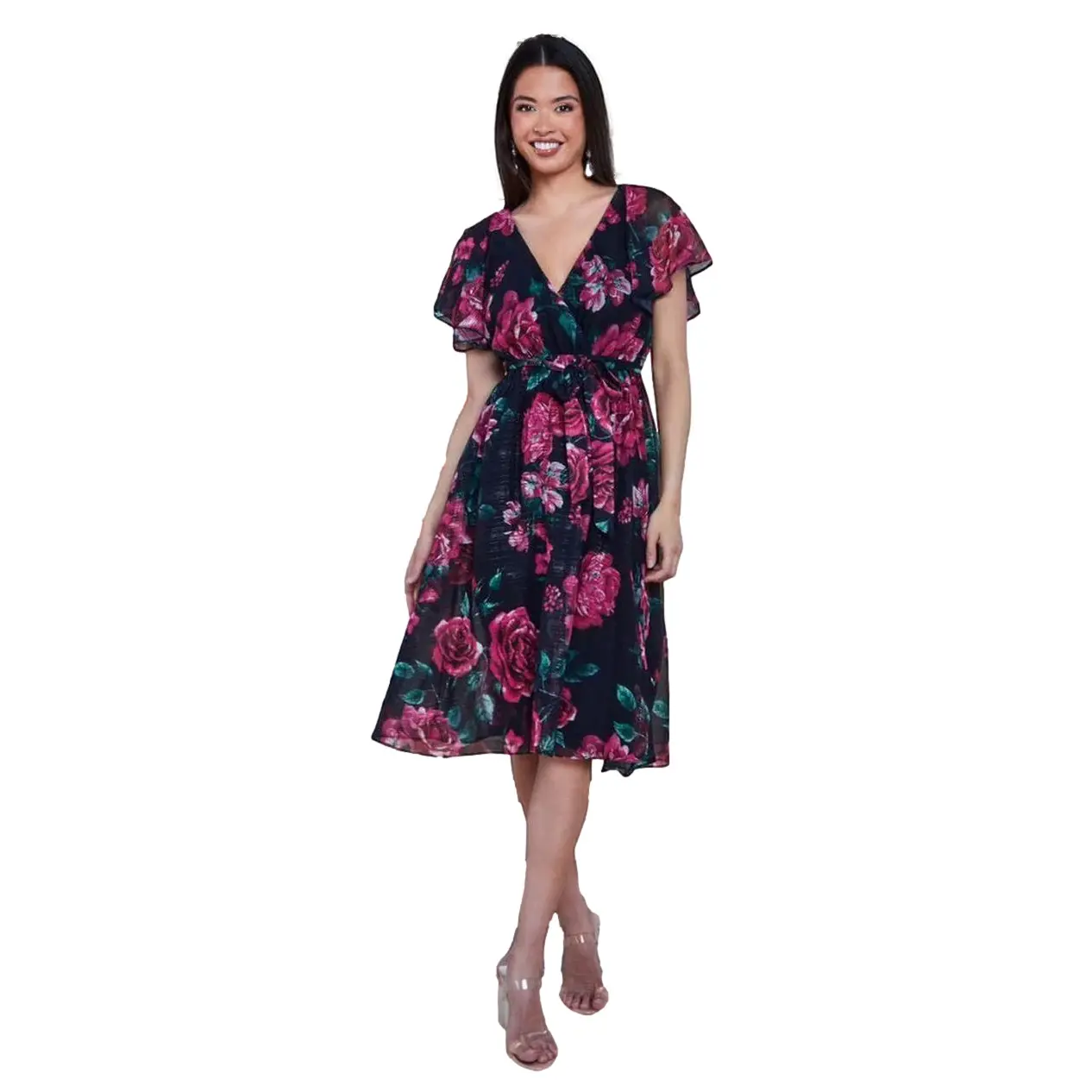 5056120258192 - Damenkleid mit Flügelärmeln Printed Lurex A Line Midi