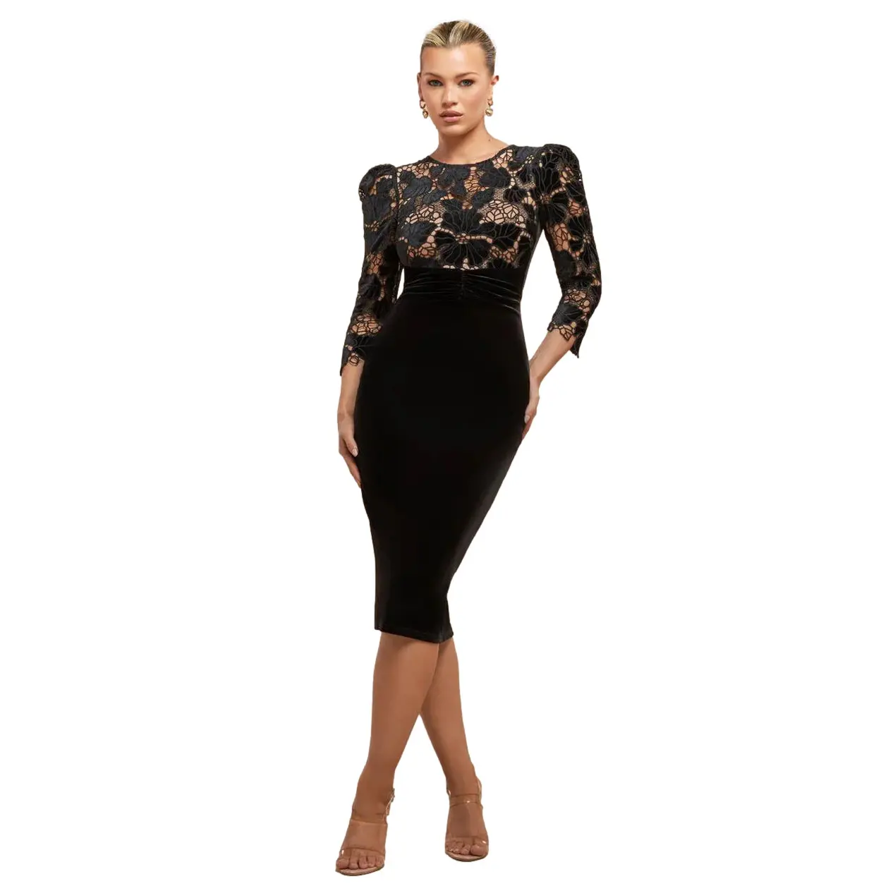 5056120277445 - Damenkleid aus Häkel- und Samtstoff mit Spitzenrand Midi