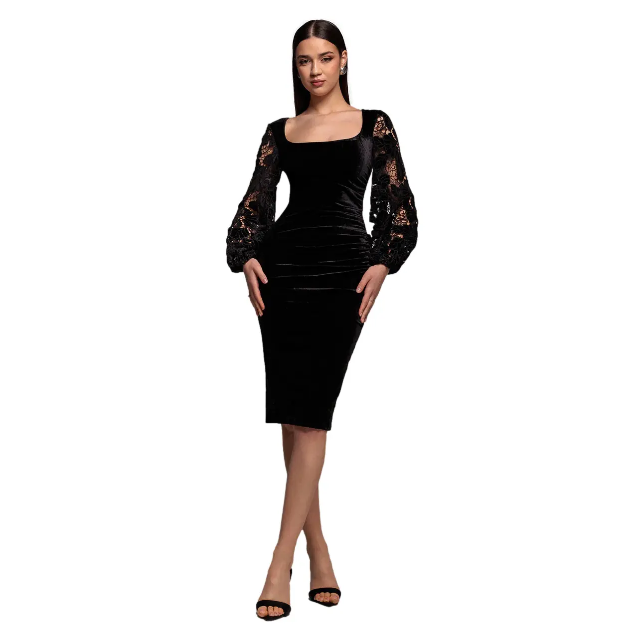 5056120278923 - Samtkleid mit quadratischem Ausschnitt für Damen Midi