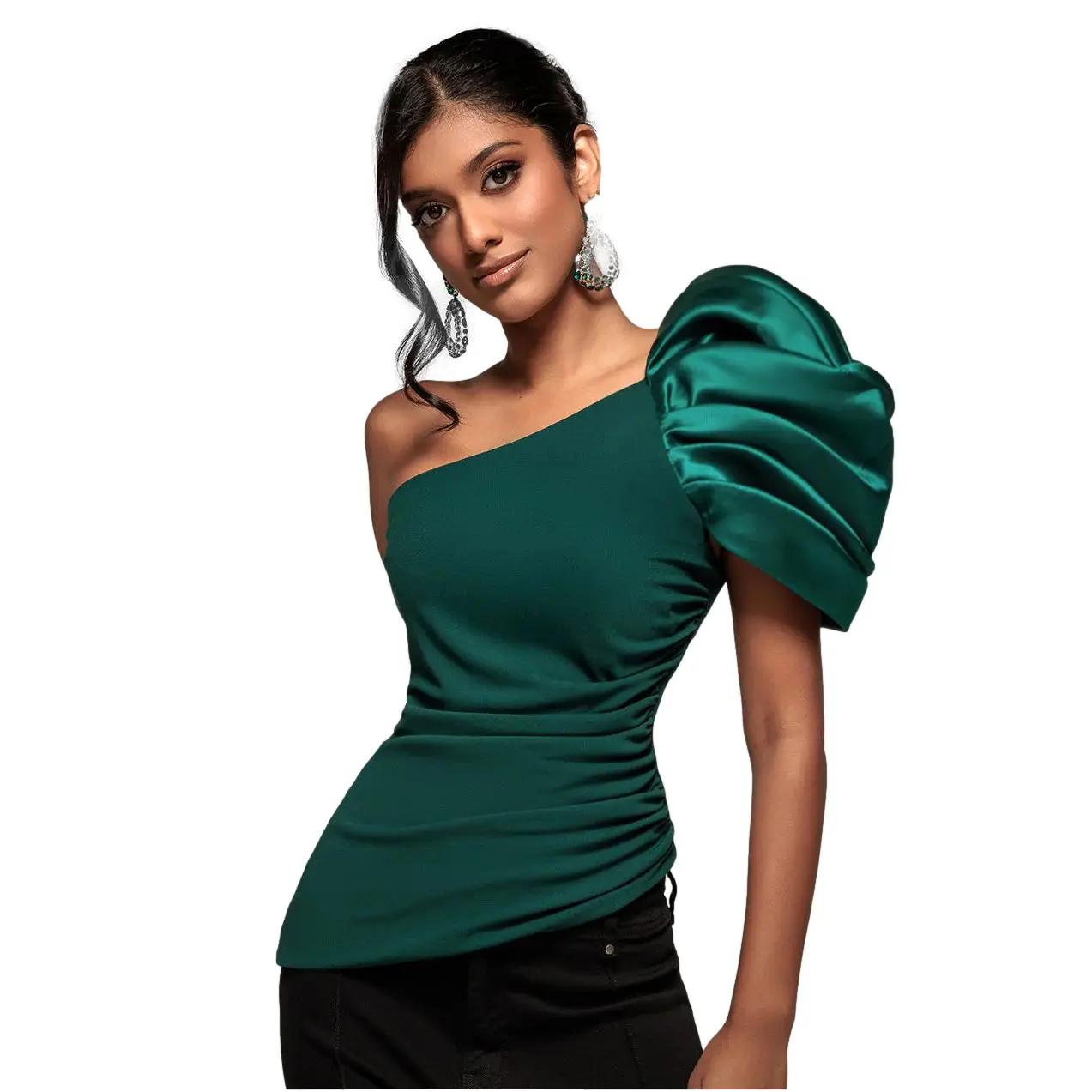 Asymmetrical One-Shoulder Puff Sleeve Satin Corset Women Goddiva Scuba