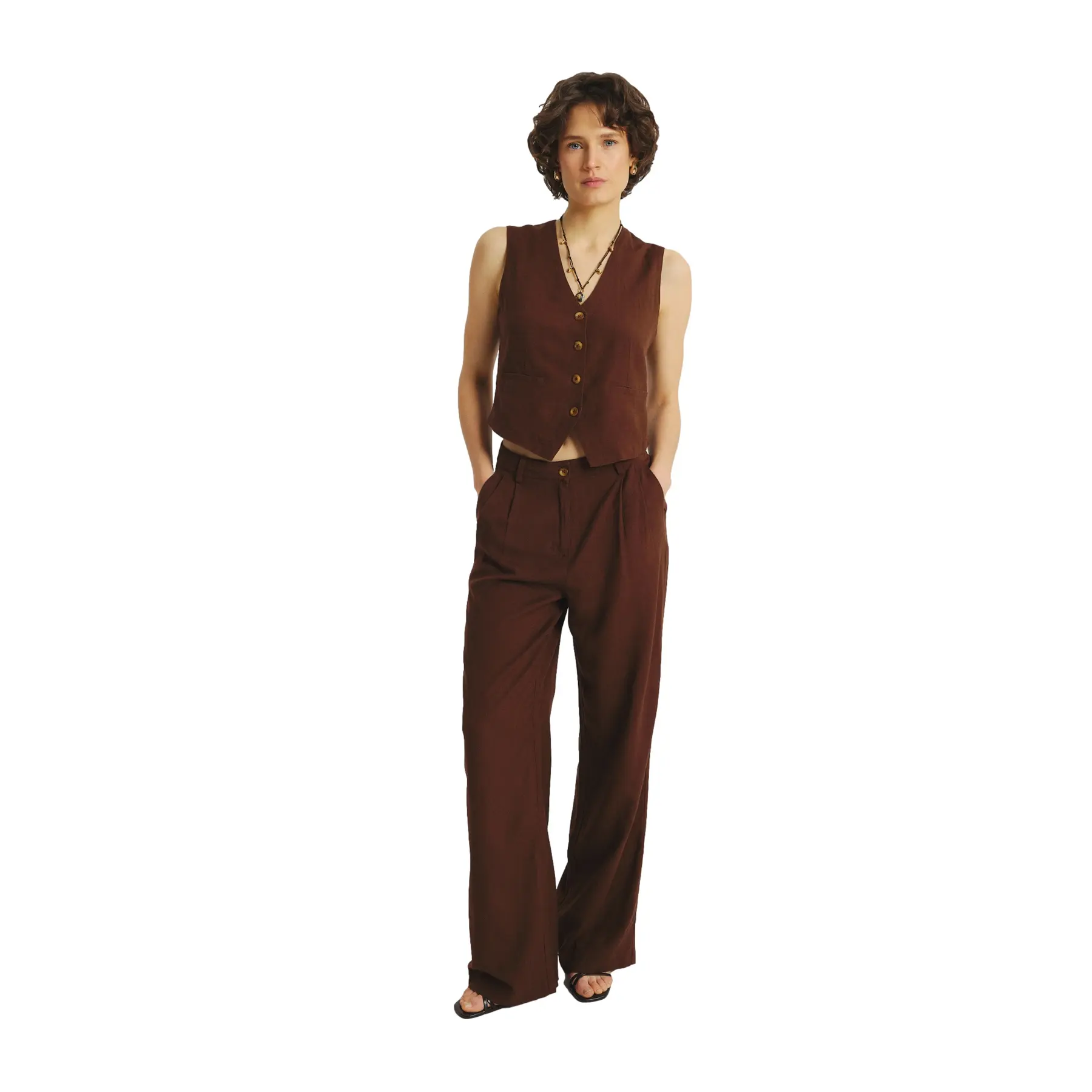 Pantaloni larghi in lino e viscosa donna