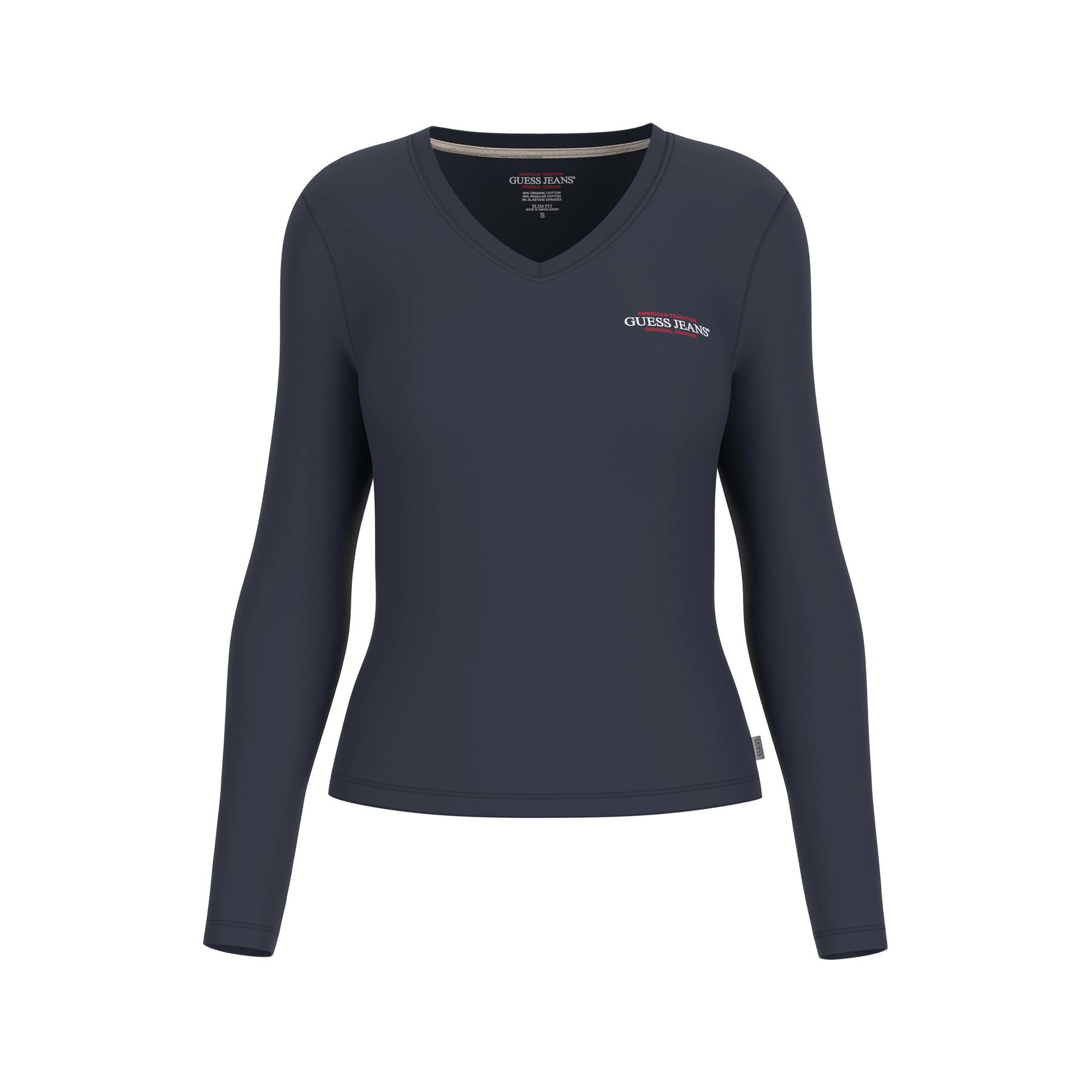 7618391278057 - Slim Fit Langarm T-Shirt mit V-Ausschnitt Mini America Damen Guess
