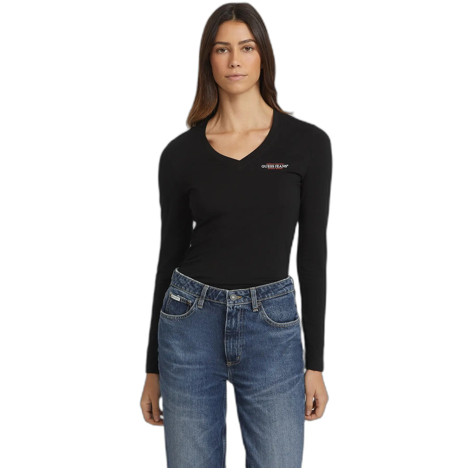 7618391213027 - Slim Fit Langarm T-Shirt mit V-Ausschnitt Mini America Damen Guess