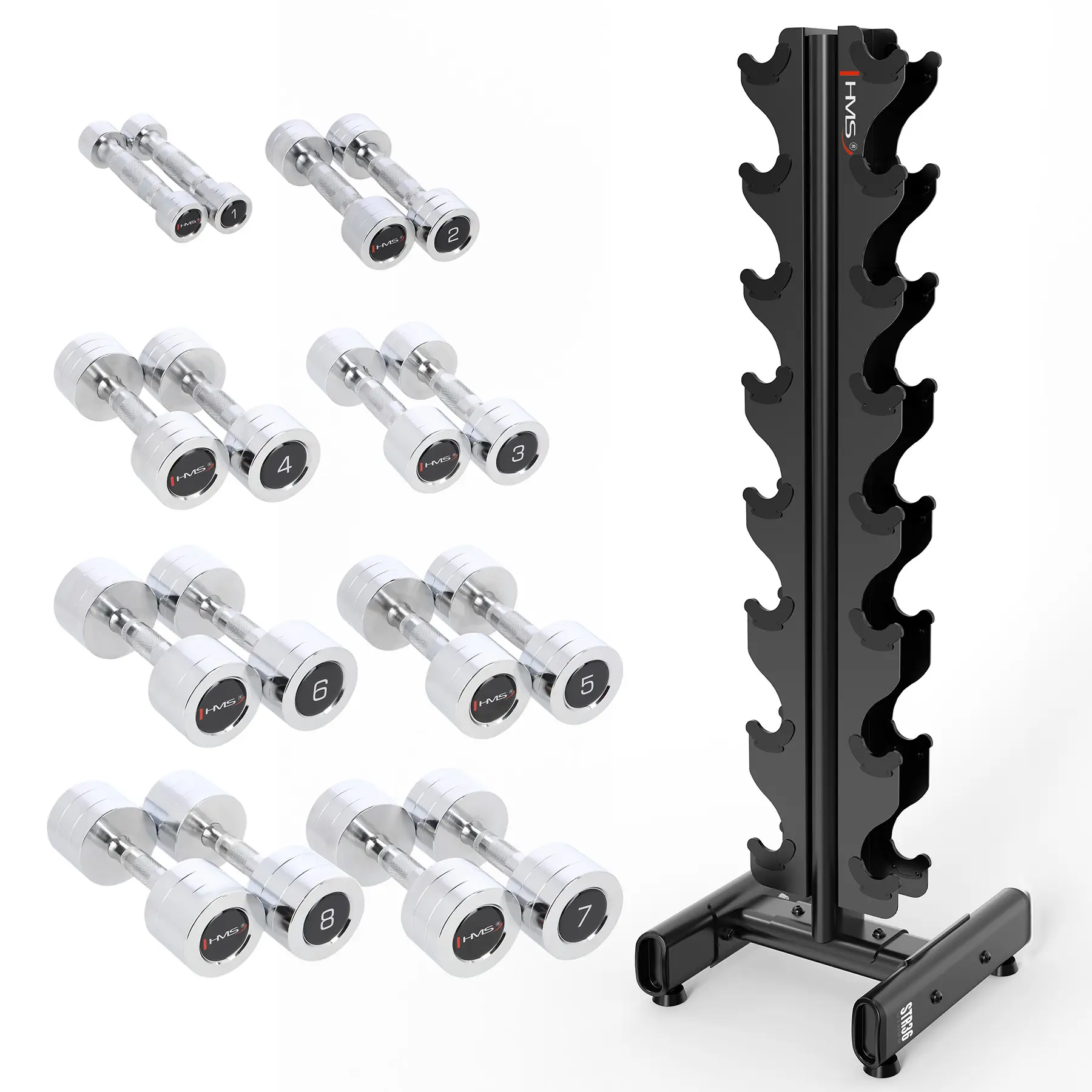 Chromierte Hanteln mit Halterung STR36 HMS CHD (x8)