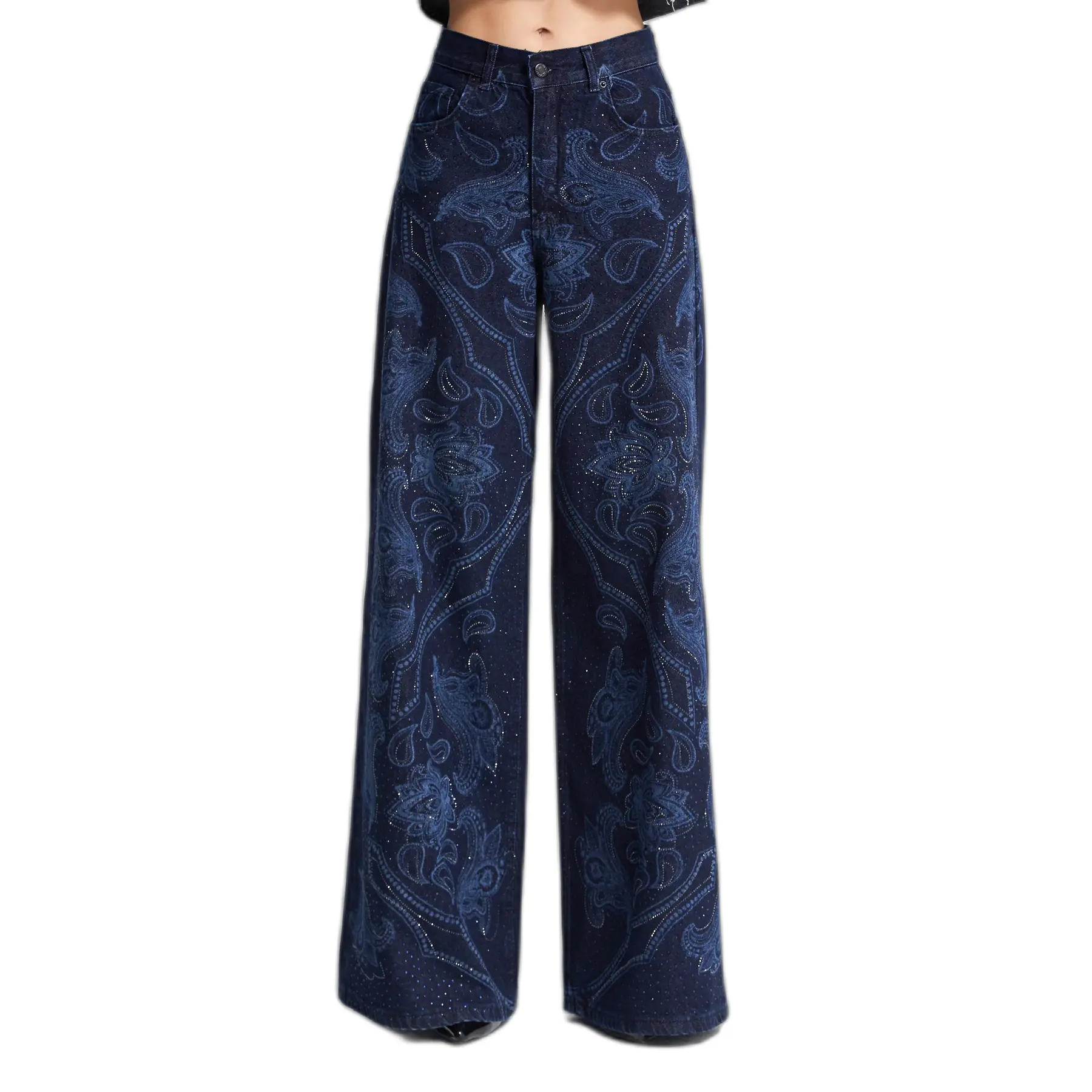 Image of Palazzo Jeans Wide Leg aus festem Baumwollstoff für Damen It's Basic Rhinestone Printed