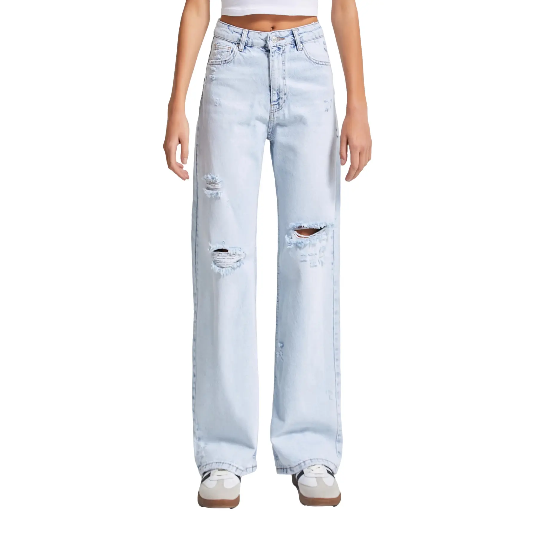 Image of High Waist Straight Jeans mit zerrissenen Knie-Details Damen It's Basic