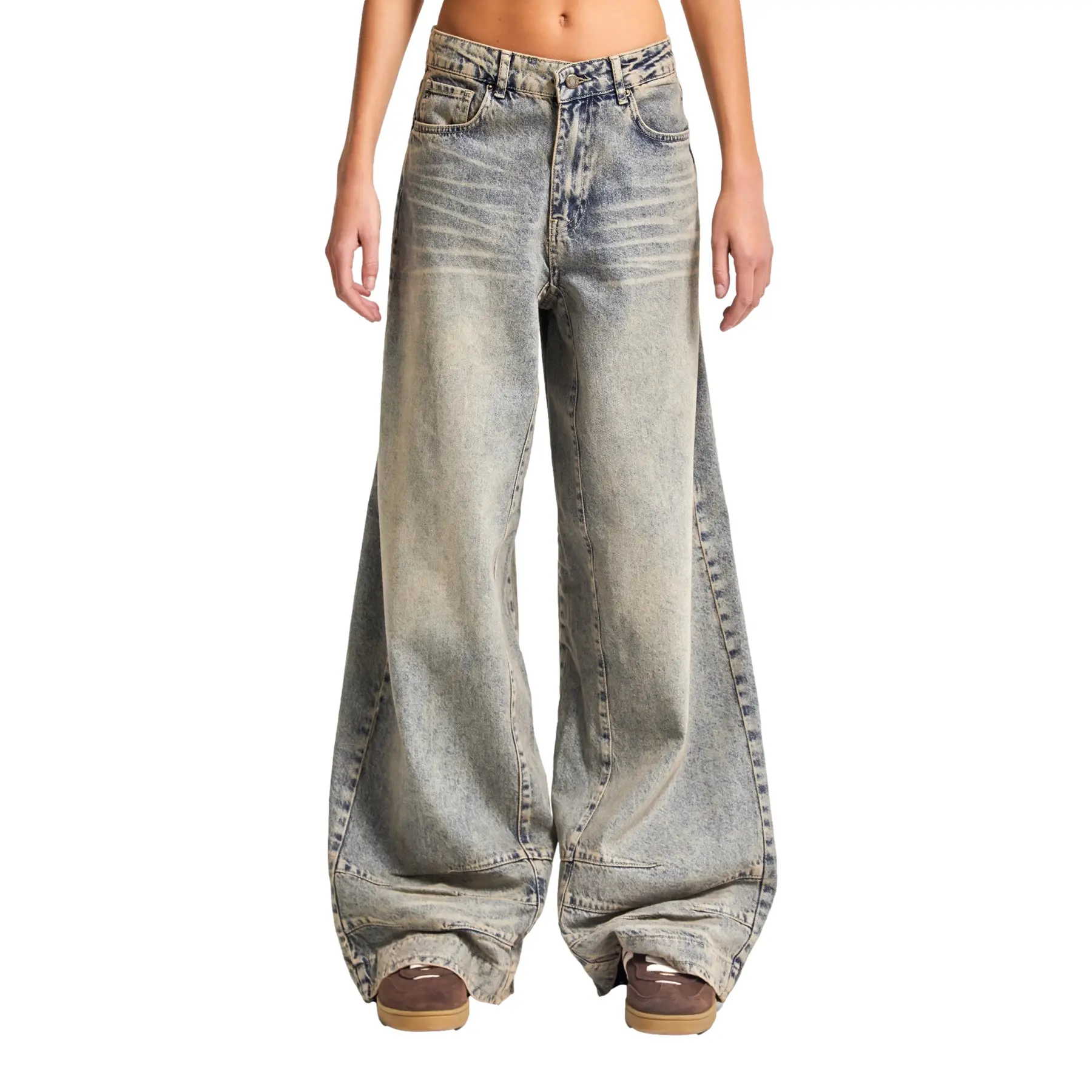 Jeans Wide Leg Versatile Vita Alta Cotone Rigido Donna