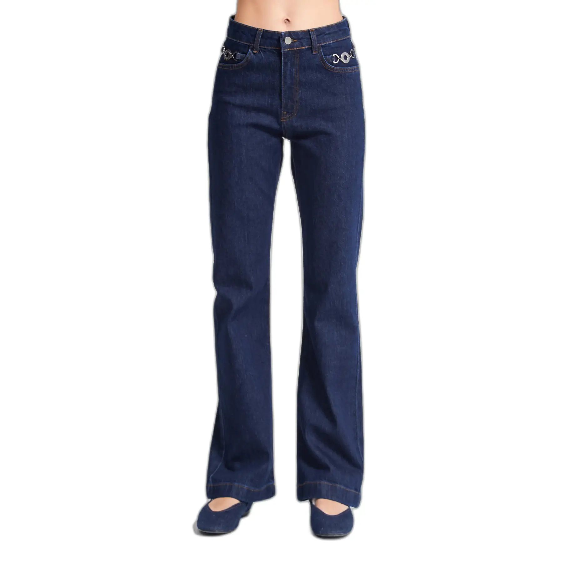 Image of Flared Jeans Mittelhohe Taille Denim Starres Gewebe Damen It's Basic