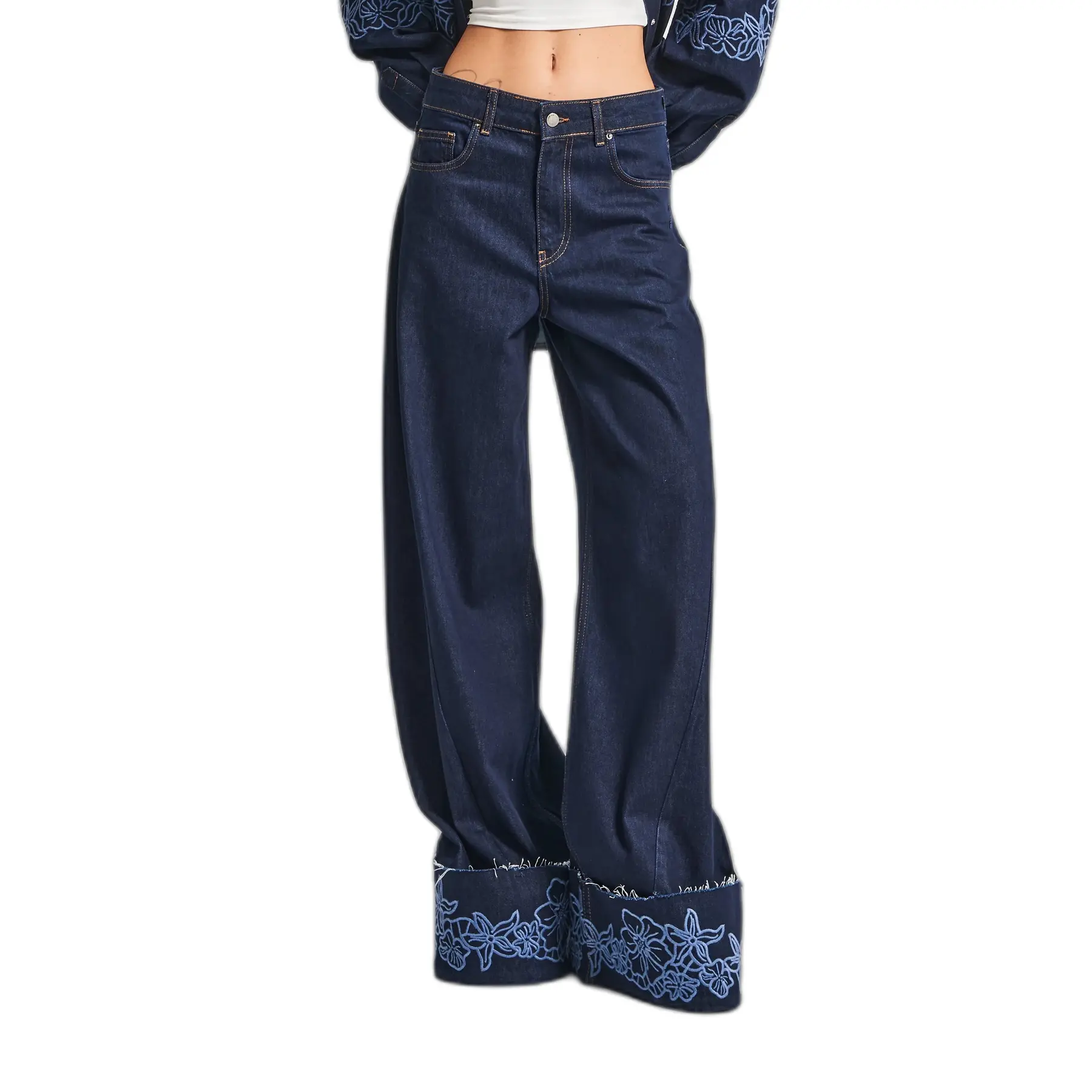 Image of Hohe Taille Damen Wide Leg Jeans mit floralem Stickerei It's Basic