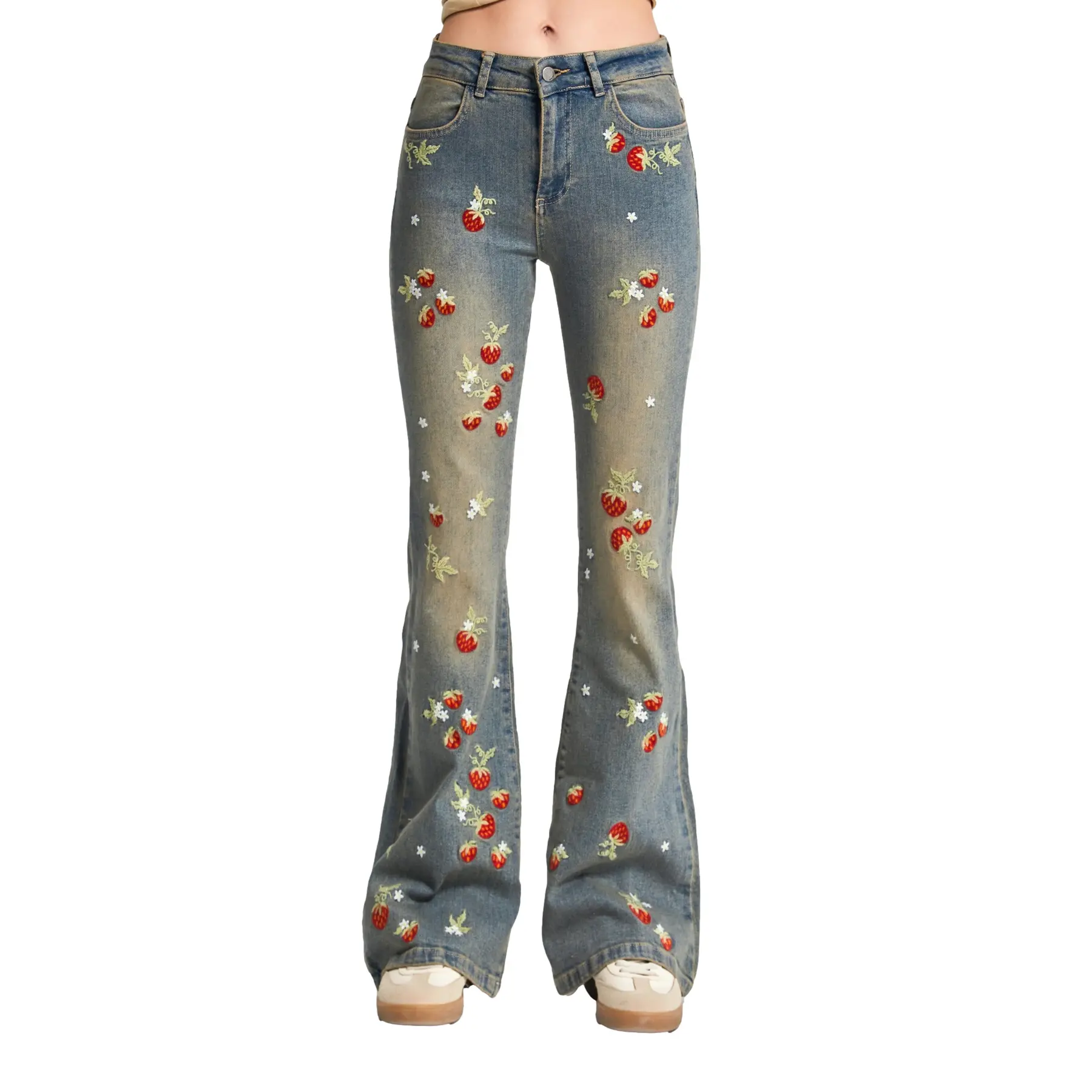 Image of Jeans Flare mit feinen Blumenstickereien mittelhoch geschnitten für Damen It's Basic