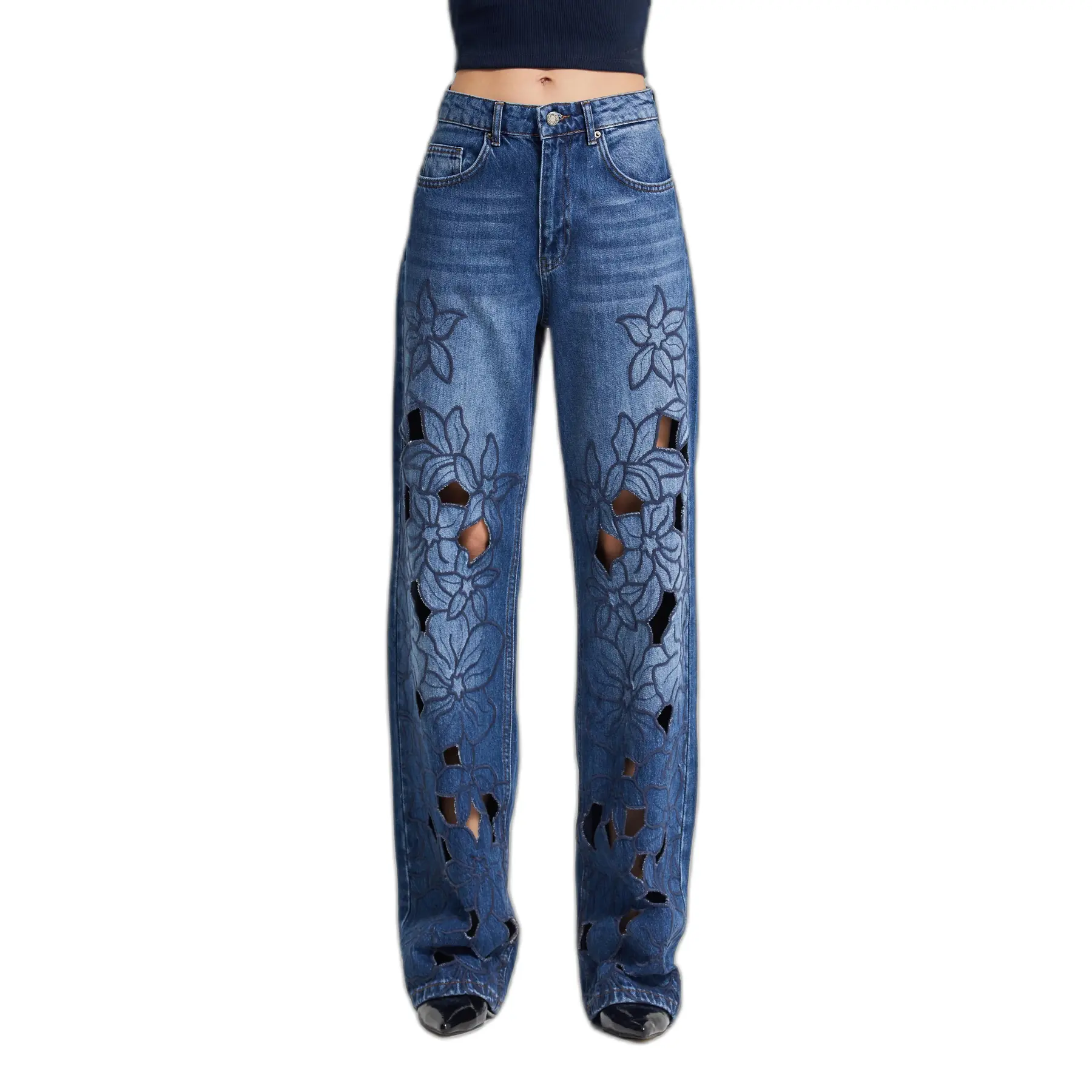 Jeans Loose a vita media decorati con delicate ricami floreali donna