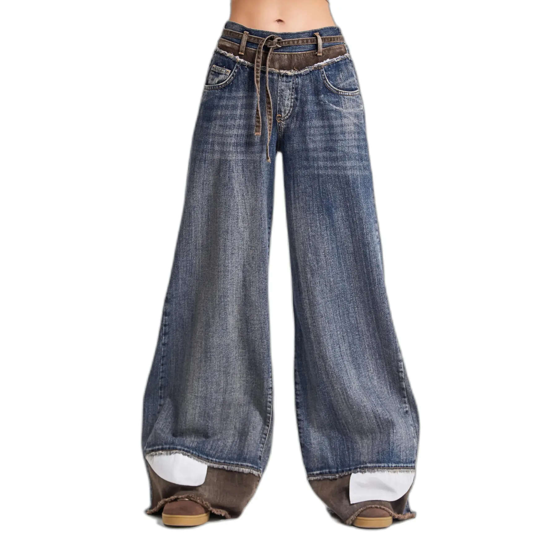 Jeans Palazzo Wide Leg vita alta con dettagli decorativi sottili cotone rigido donna