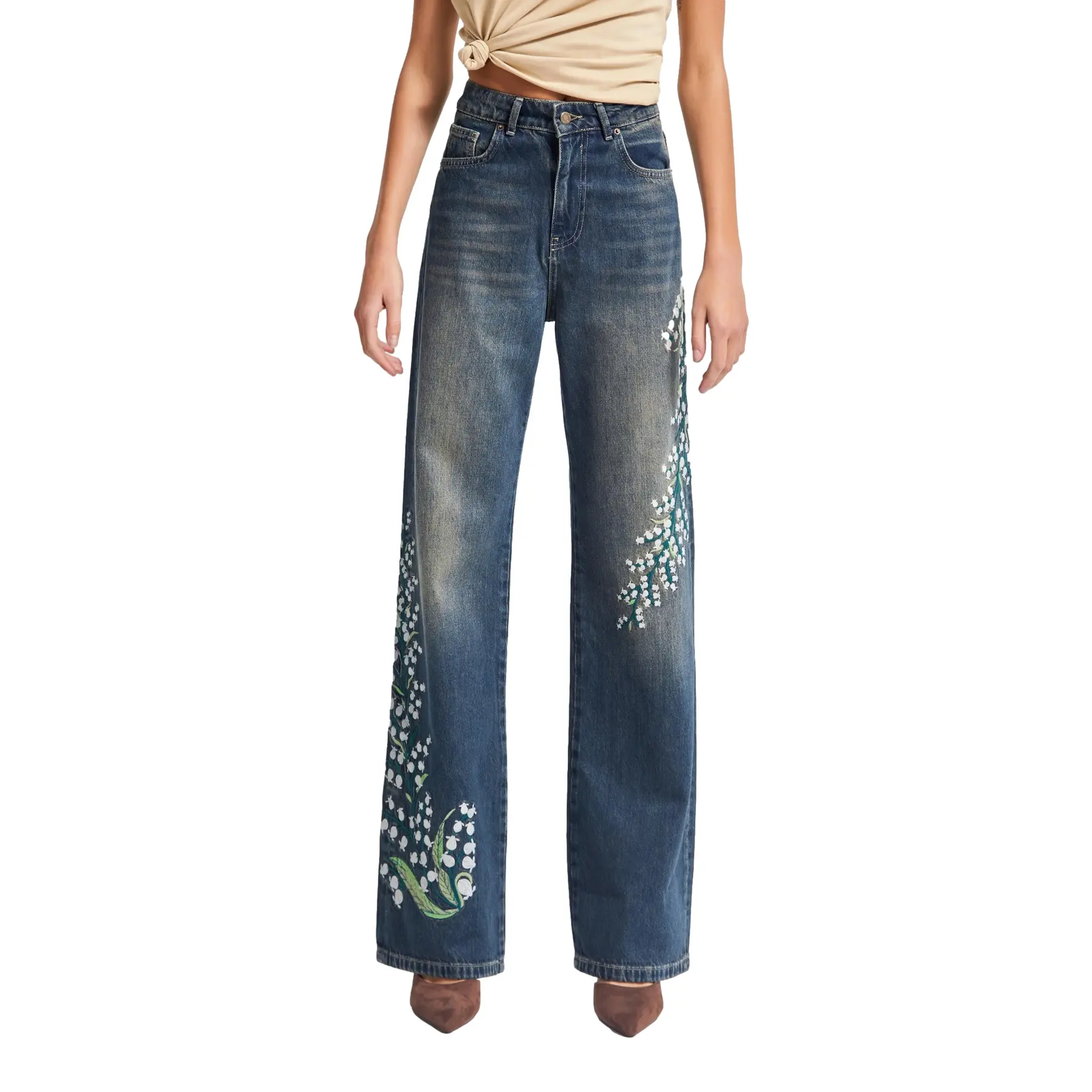 Image of Hochtaillierte Straight Jeans mit feiner floraler Stickerei Damen It's Basic