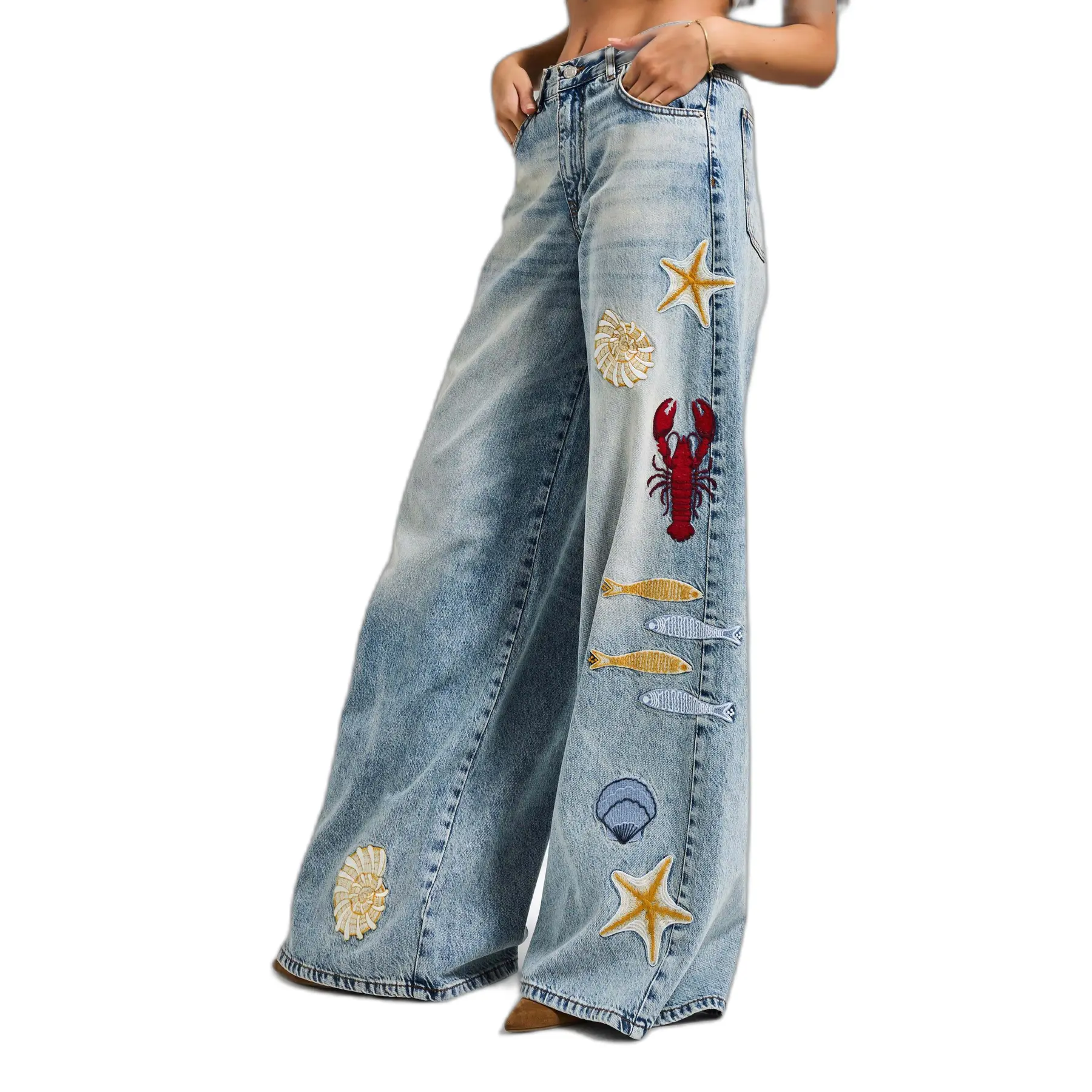 Image of Palazzo Jeans Weite Bein Mid-Rise Tencel und Baumwolle Damen It's Basic