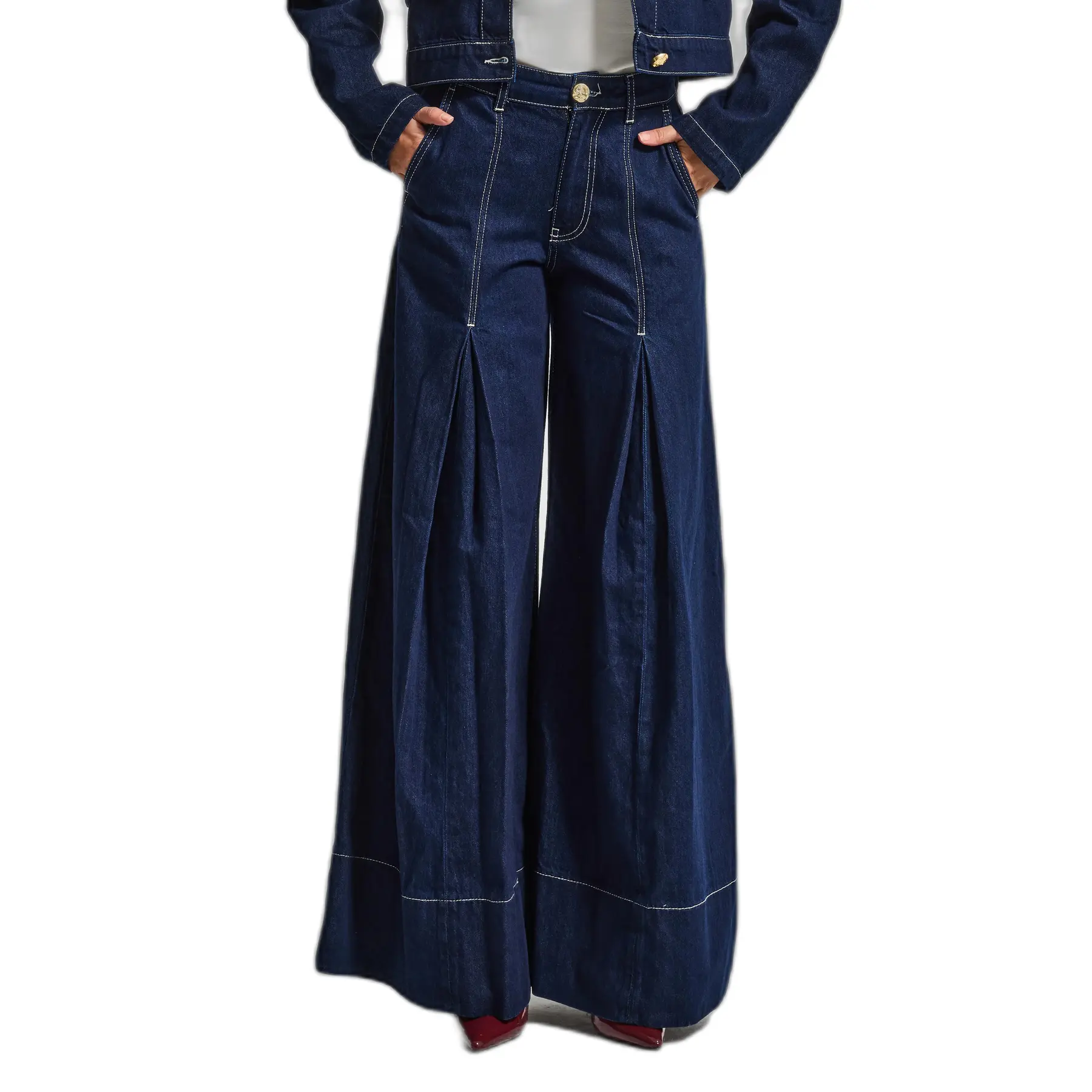 Jeans Palazzo Wide Leg plissé vita alta donna